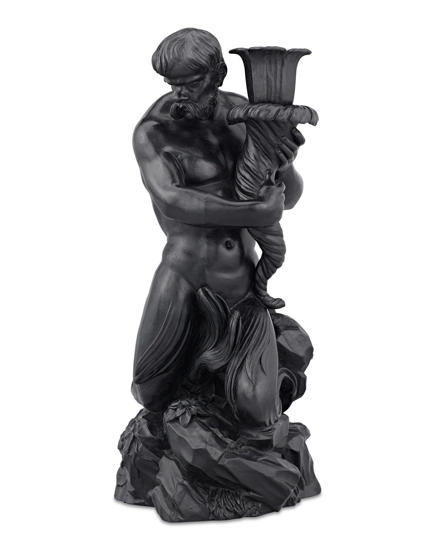 Wedgwood Black Basalt Triton Candlesticks In Excellent Condition In New Orleans, LA