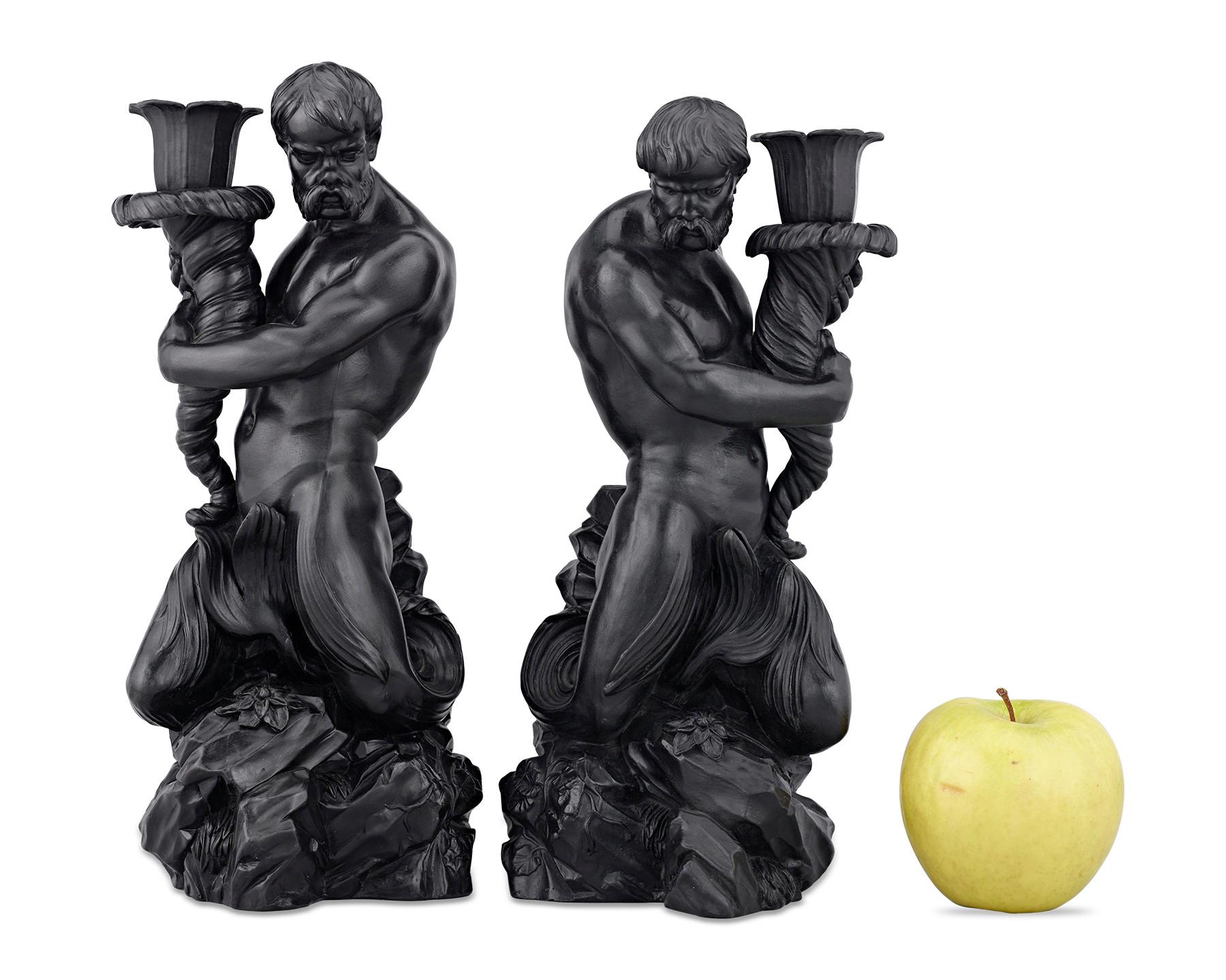 Ceramic Wedgwood Black Basalt Triton Candlesticks