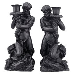 Wedgwood Black Basalt Triton Candlesticks