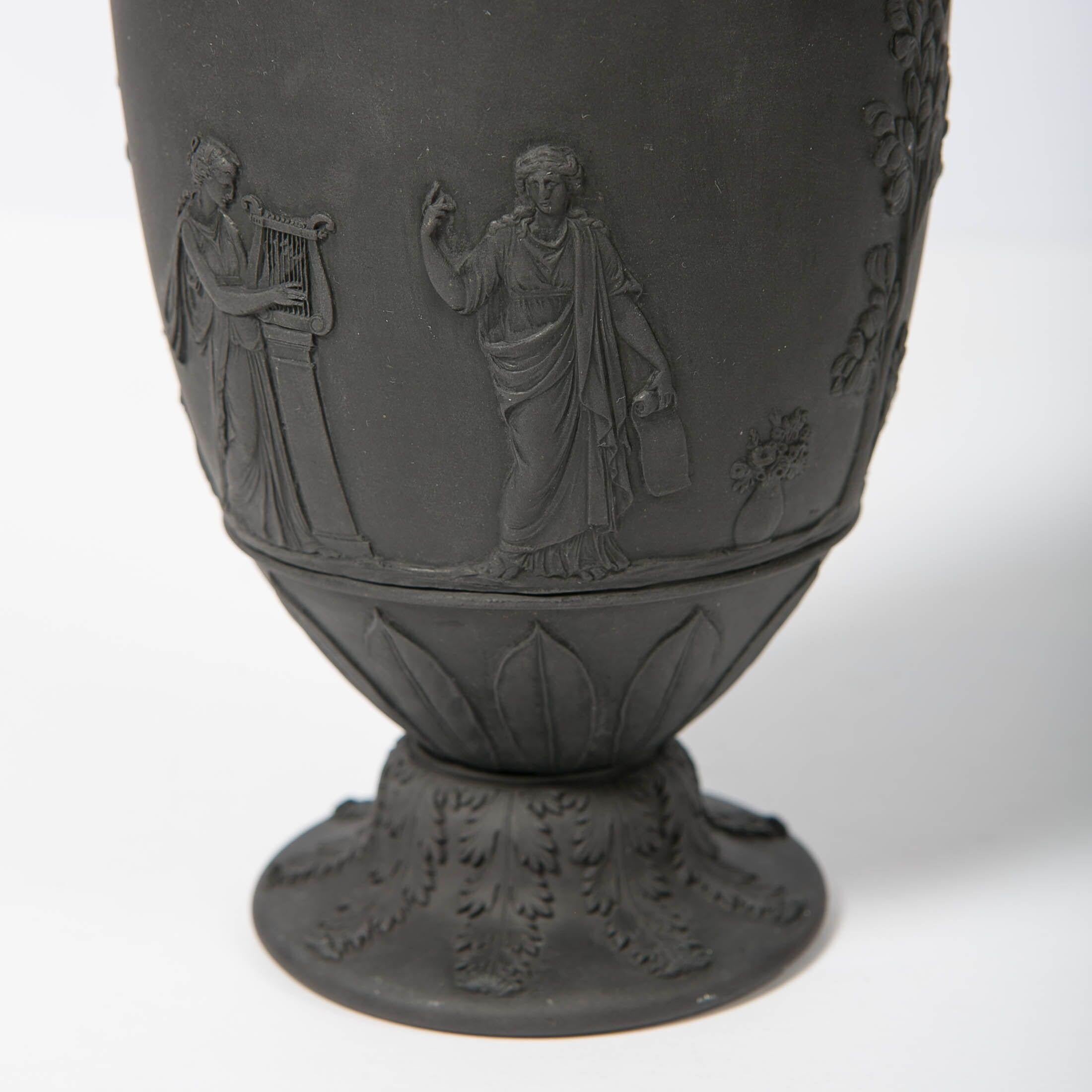 Neoclassical Wedgwood Black Basalt Vase with Classical Figures Made in England, circa 1840