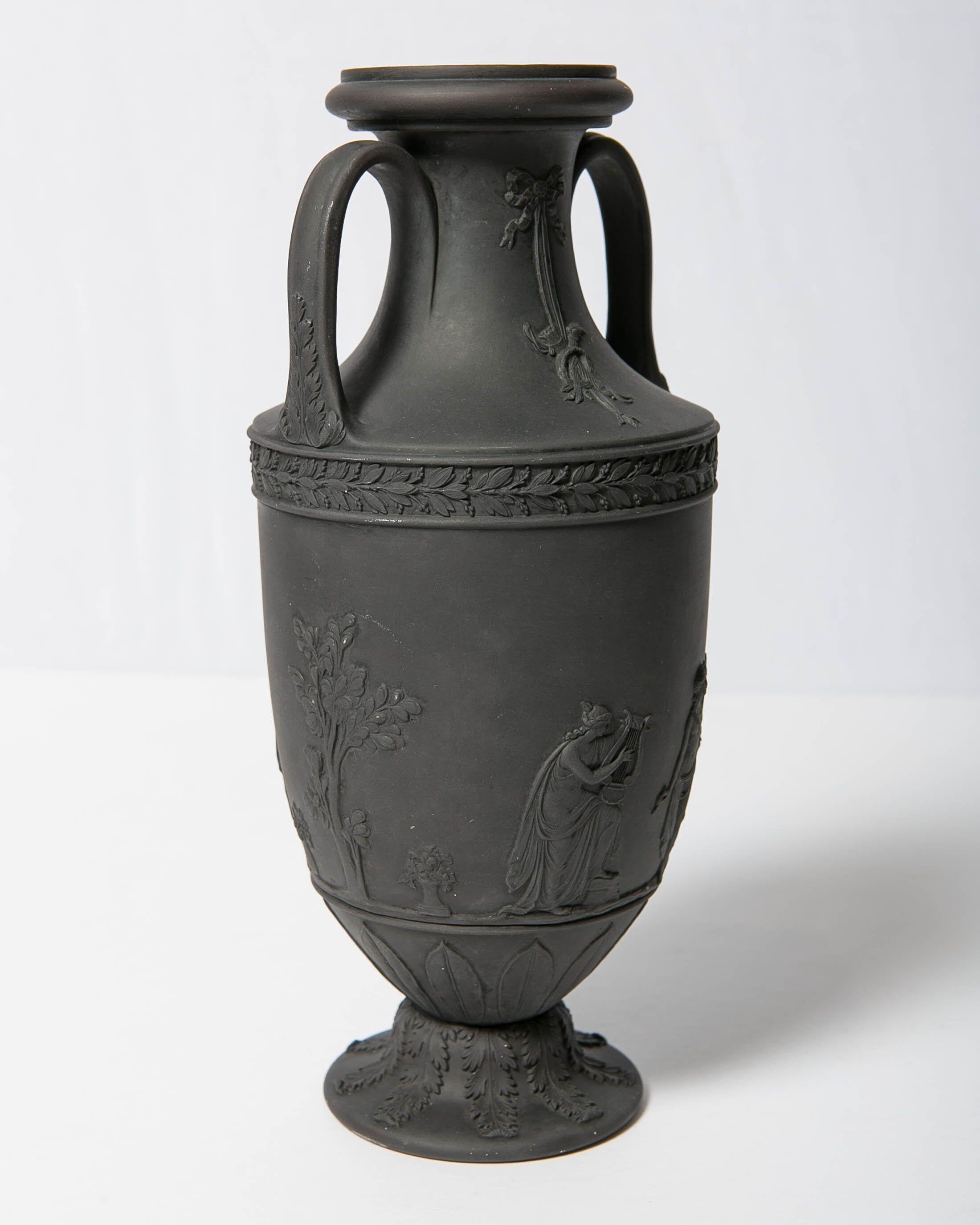 19th Century Wedgwood Black Basalt Vase with Classical Figures Made in England, circa 1840