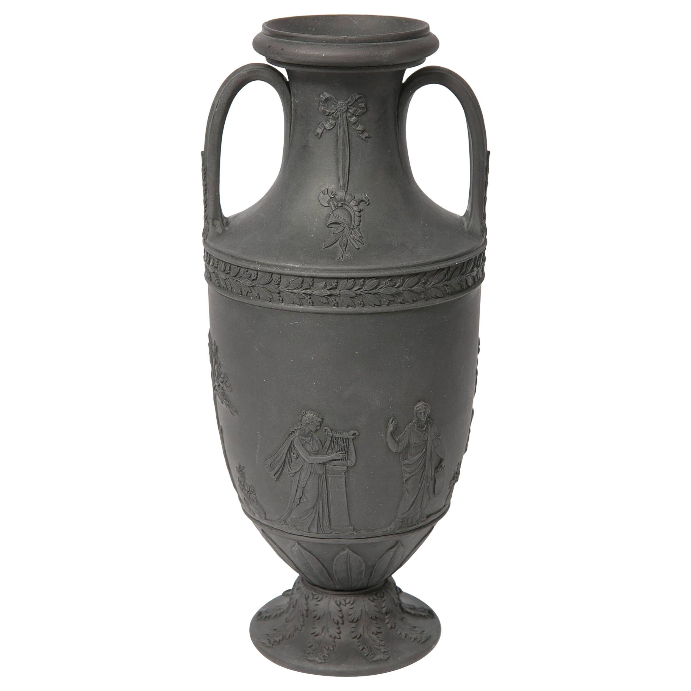 Wedgwood Black Basalt Vase with Classical Figures Made in England, circa 1840
