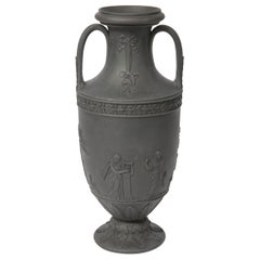 Antique Wedgwood Black Basalt Vase with Classical Figures Made in England, circa 1840