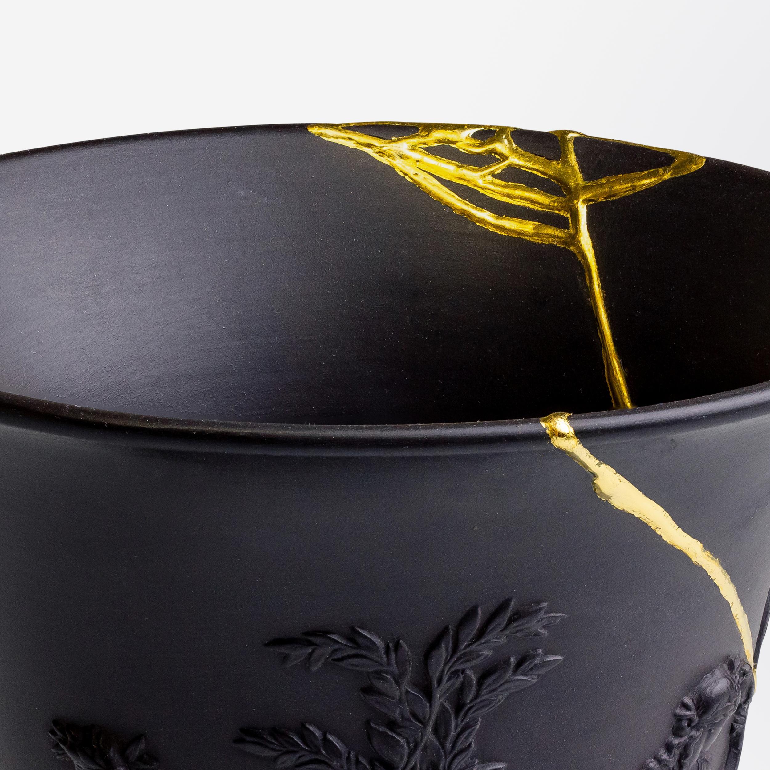 English Wedgwood Black Basalt Vase With Kintsugi Repair For Sale