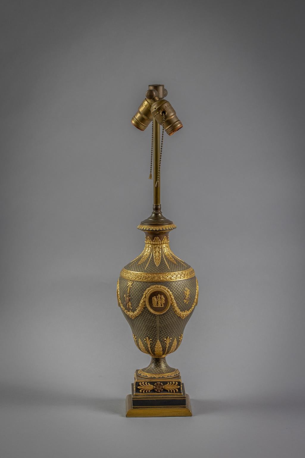 English Wedgwood Black Porcelain and Gilt Covered Urn Mounted as Lamp, 19th Century For Sale