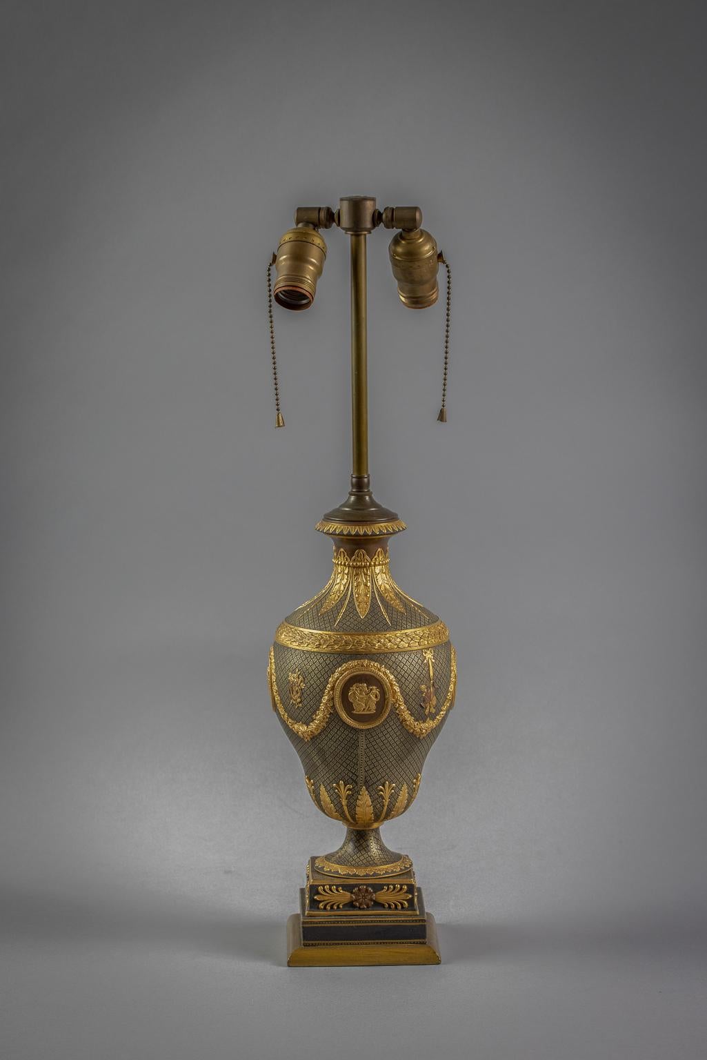 Wedgwood Black Porcelain and Gilt Covered Urn Mounted as Lamp, 19th Century In Good Condition For Sale In New York, NY