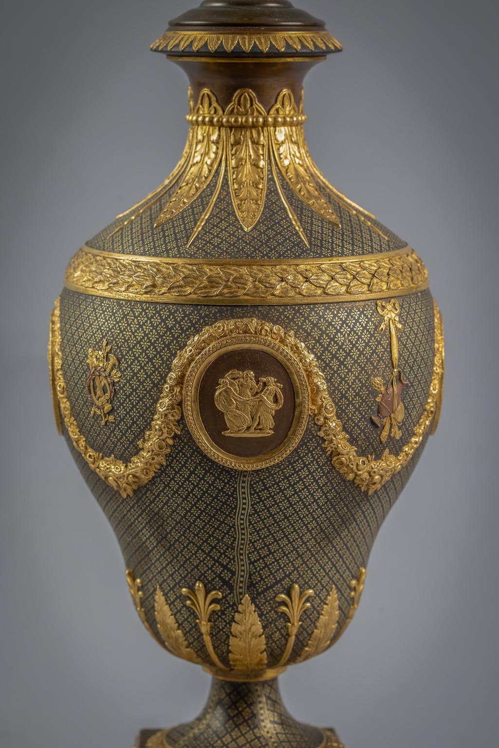 Wedgwood Black Porcelain and Gilt Covered Urn Mounted as Lamp, 19th Century For Sale 1
