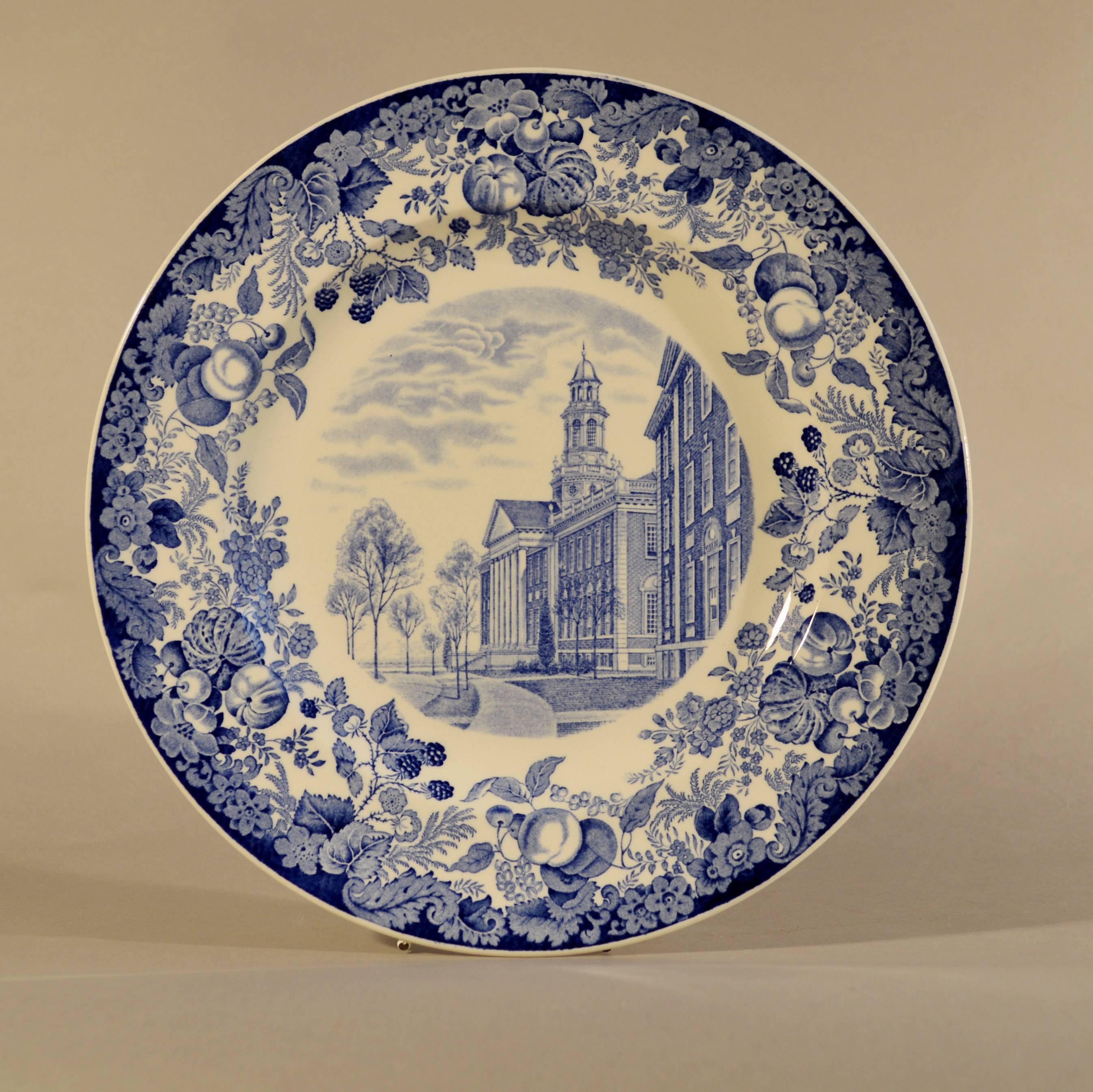 American Classical Wedgwood Blue and White Pottery Set of 12 Plates with Harvard Scenes, 1927