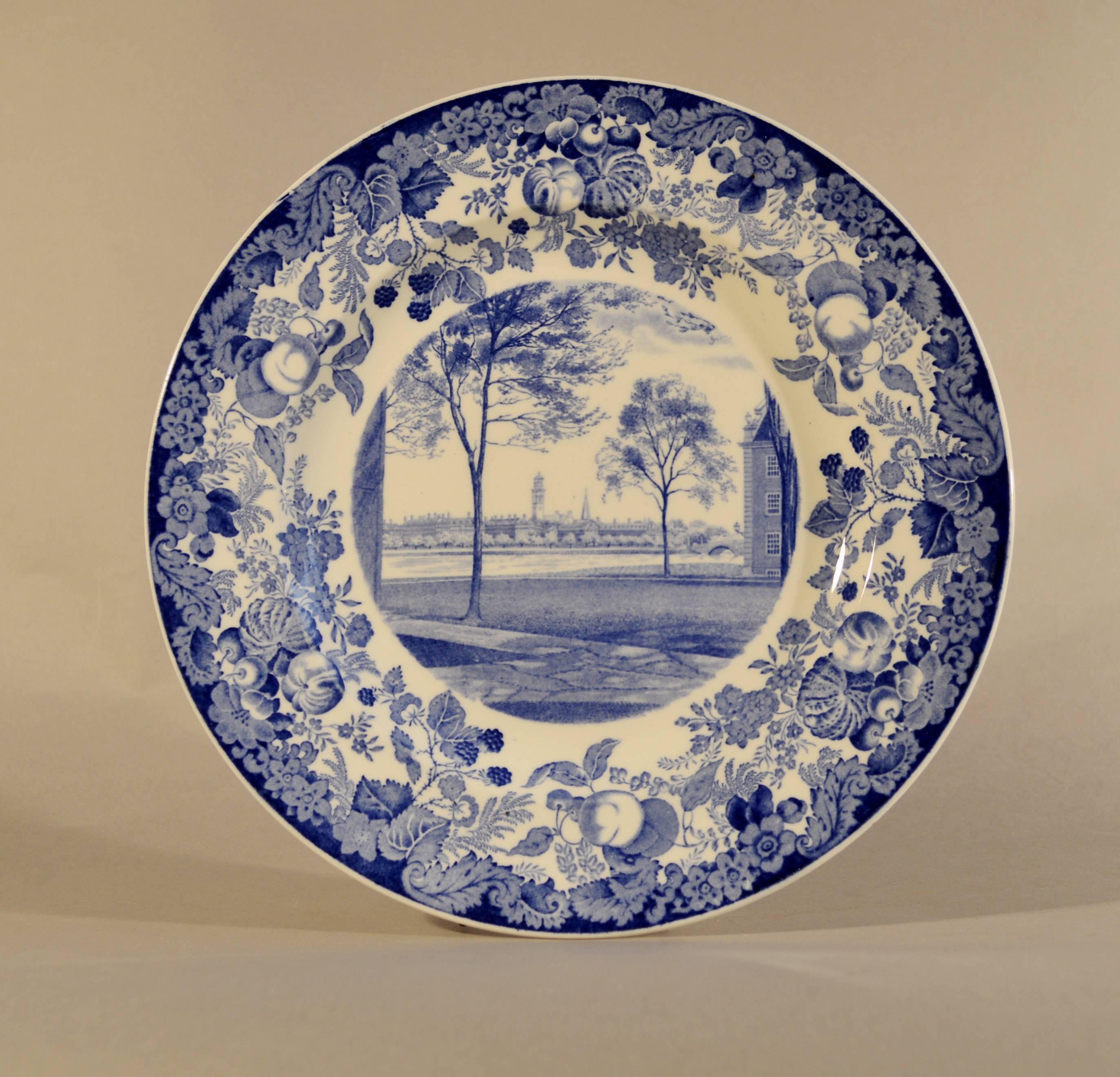 Wedgwood Blue and White Pottery Set of 12 Plates with Harvard Scenes, 1927 In Excellent Condition In Downingtown, PA