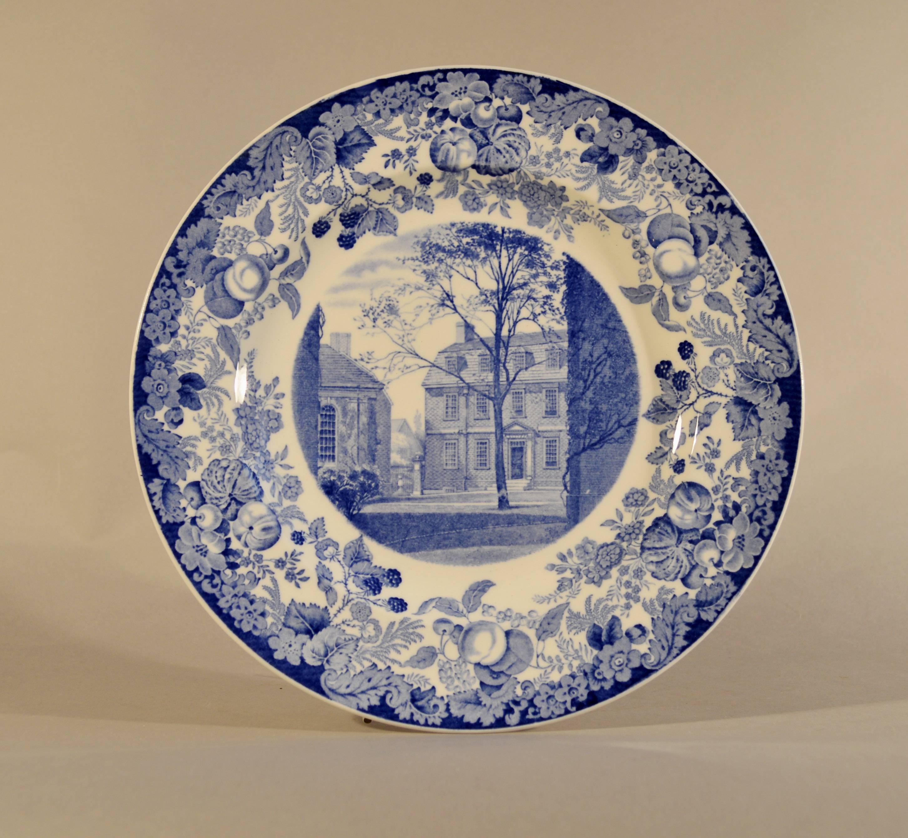 Early 20th Century Wedgwood Blue and White Pottery Set of 12 Plates with Harvard Scenes, 1927