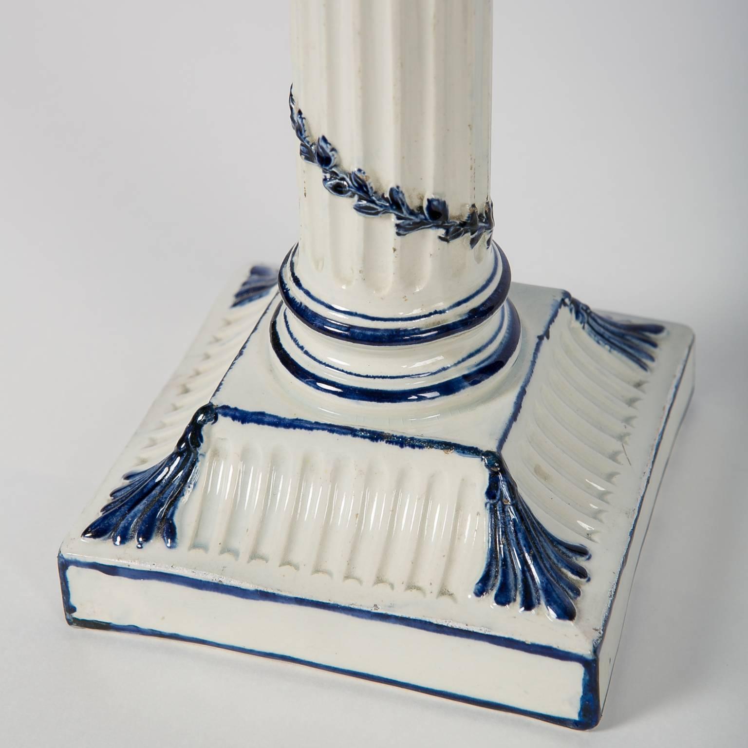 English Wedgwood Blue and White Candlesticks with Neoclassical Design