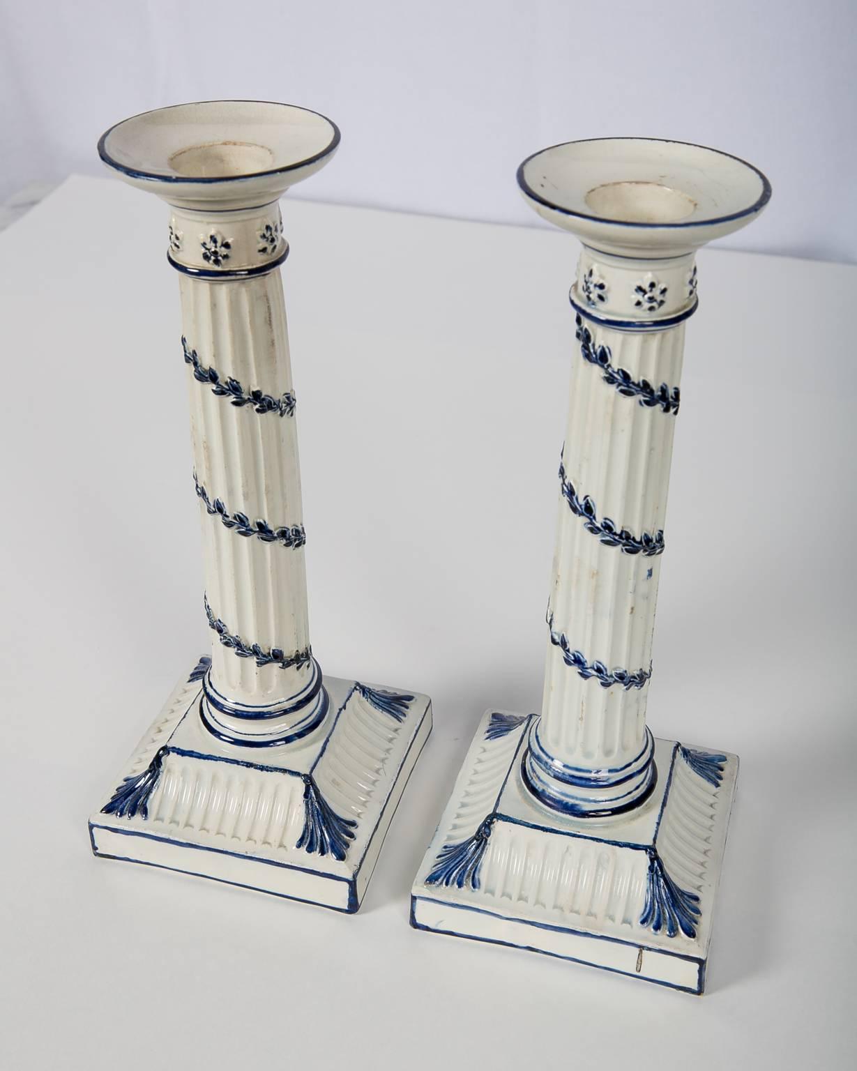 Painted Wedgwood Blue and White Candlesticks with Neoclassical Design
