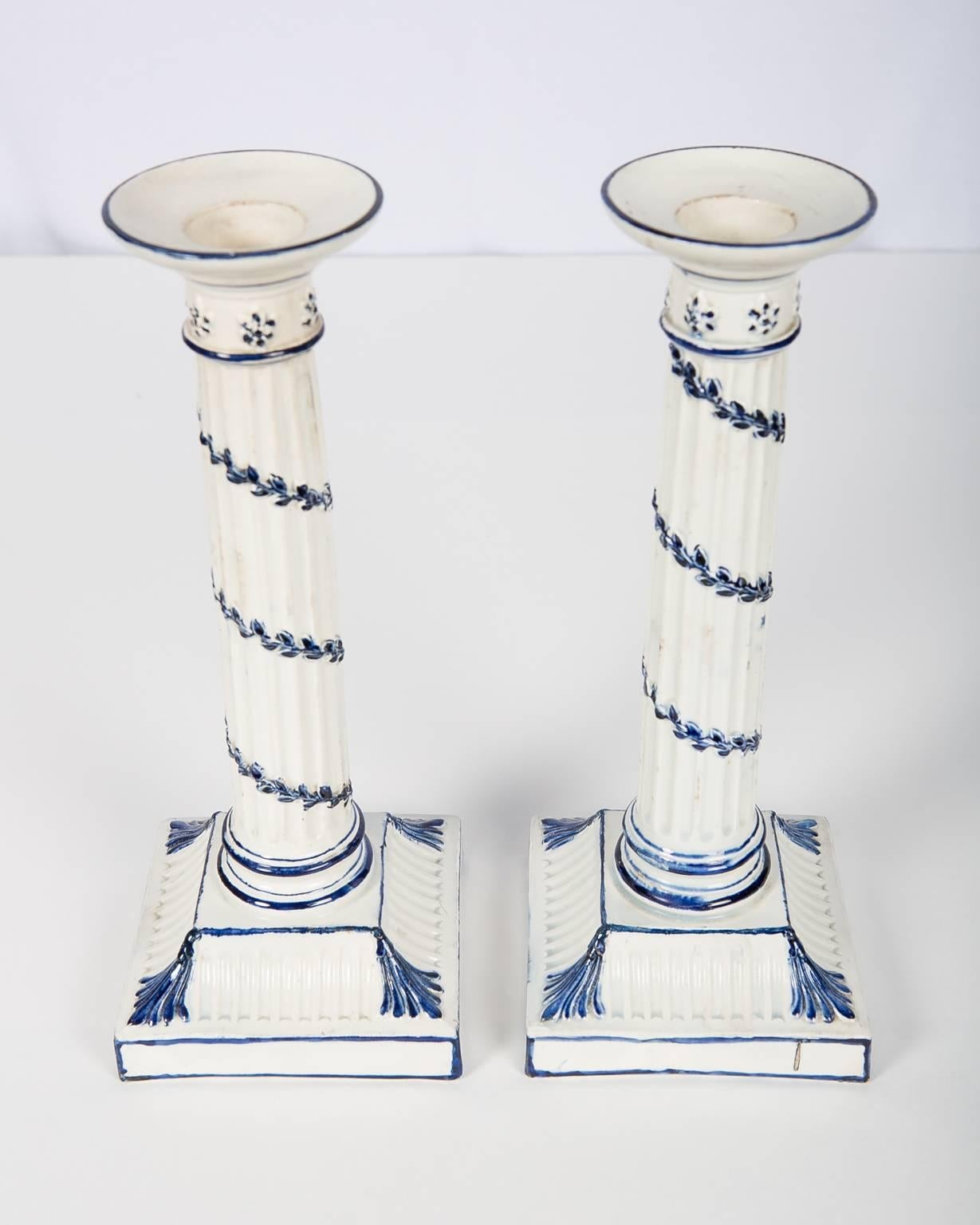 Wedgwood Blue and White Candlesticks with Neoclassical Design In Excellent Condition In Katonah, NY
