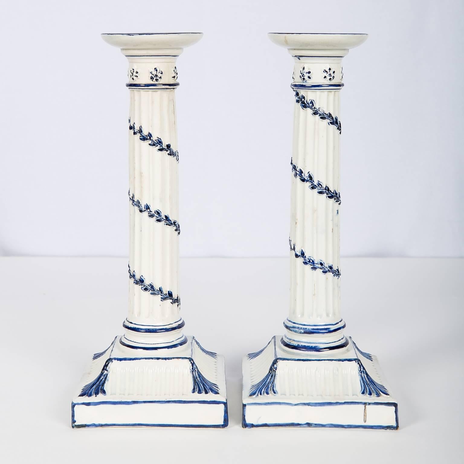 Early 19th Century Wedgwood Blue and White Candlesticks with Neoclassical Design