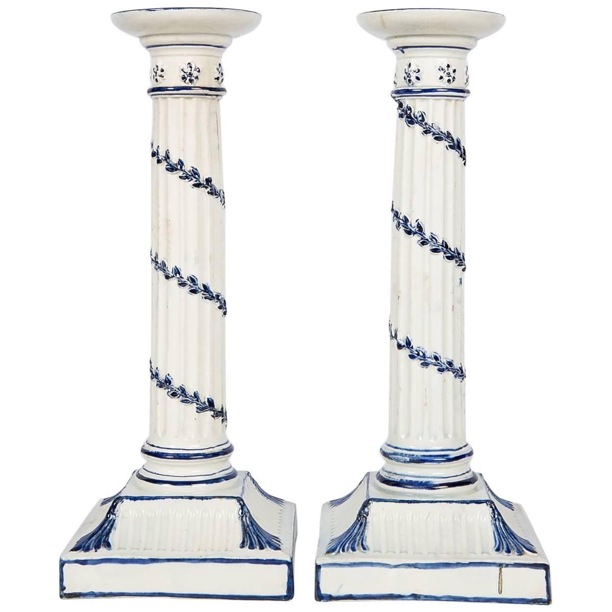 Wedgwood Blue and White Candlesticks with Neoclassical Design
