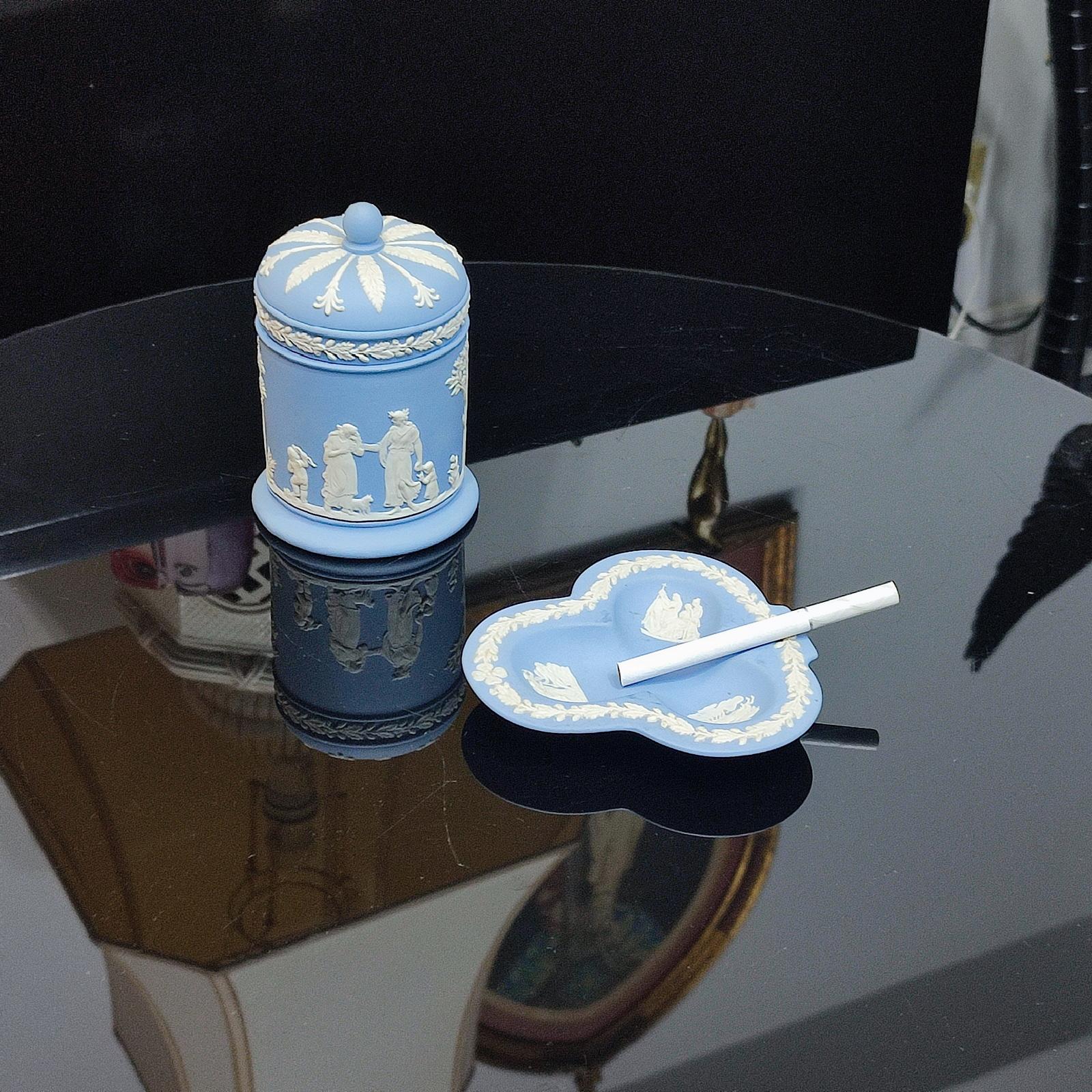 English Wedgwood Blue Jasper Smoking Set Classical Scenes, Set of 2, FREESHIP For Sale