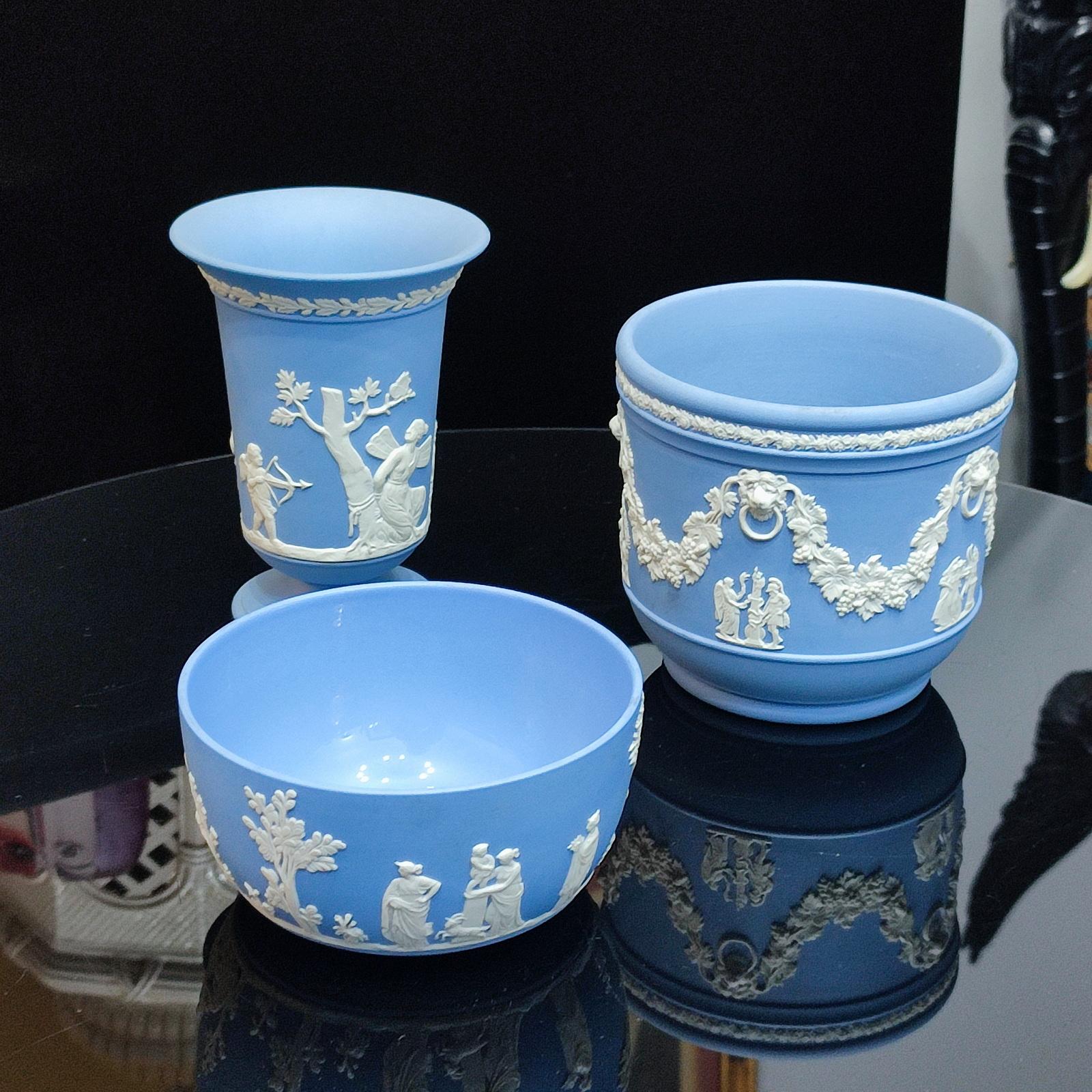 English Wedgwood Blue Jasper Ware Vessels Classical Scenes, Collection of 3, FREESHIP For Sale