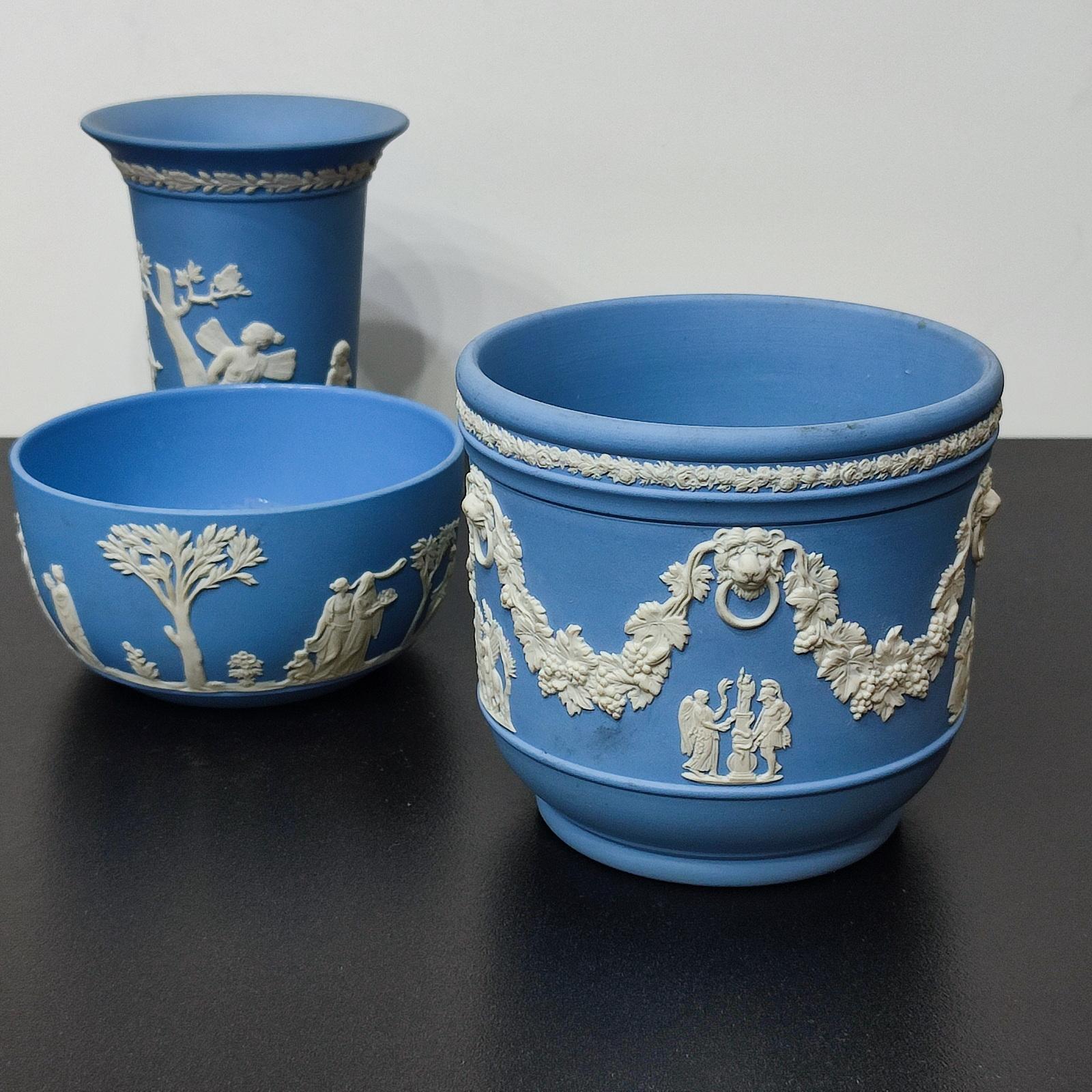 Ceramic Wedgwood Blue Jasper Ware Vessels Classical Scenes, Collection of 3, FREESHIP For Sale