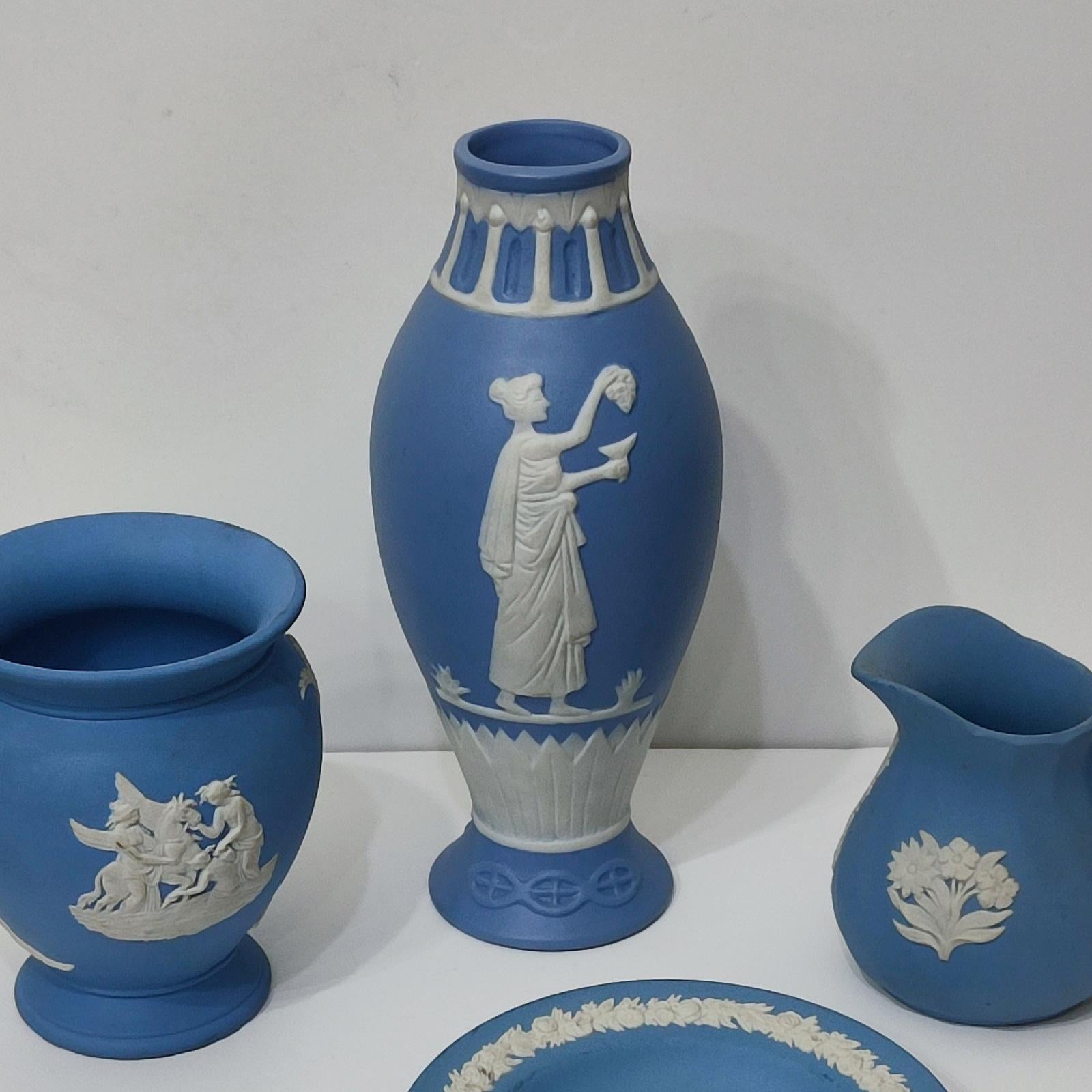 Late 20th Century Wedgwood Blue Jasper Ware Vessels Classical Scenes, Collection of 4, FREESHIP For Sale