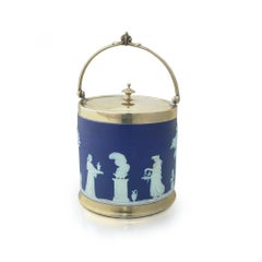 Wedgwood Blue Jasperware Biscuit Barrel with Silver-Plated Mounts