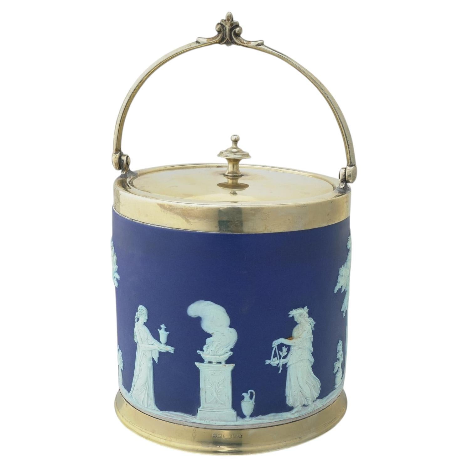 Wedgwood Blue Jasperware Biscuit Barrel with Silver-Plated Mounts