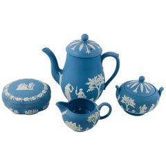 Antique Wedgwood Blue Jasperware Tea Set , 4 Pieces