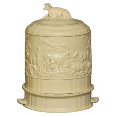 Antique Wedgwood Caneware 1850s Cheese Dome with Cow and Low-Relief Dairy Activities