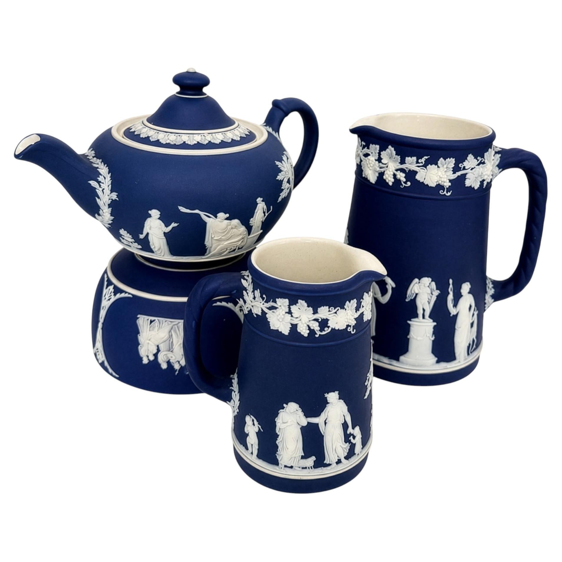 Wedgwood Cobalt Blue Jasperware Tea Set, 4-Piece, England, 1960s