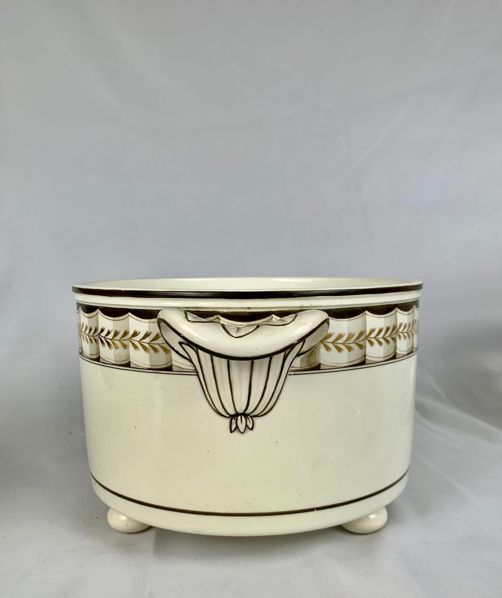 Neoclassical Wedgwood Creamware Ice Pail and Fruit Cooler Lag & Feather Pattern England 1820