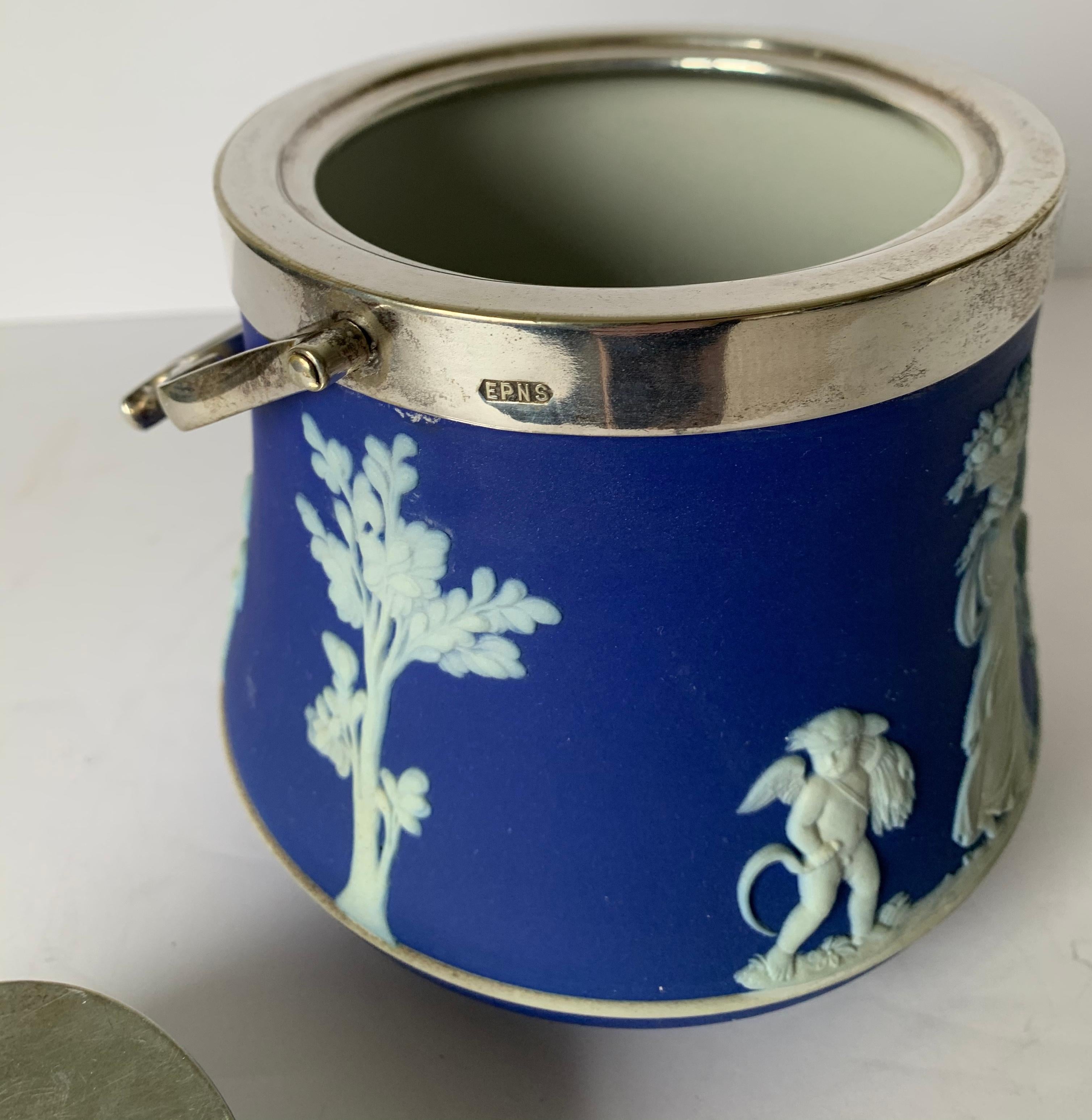 English Wedgwood Dark Blue Bell Shaped Jasperware Biscuit Barrel For Sale