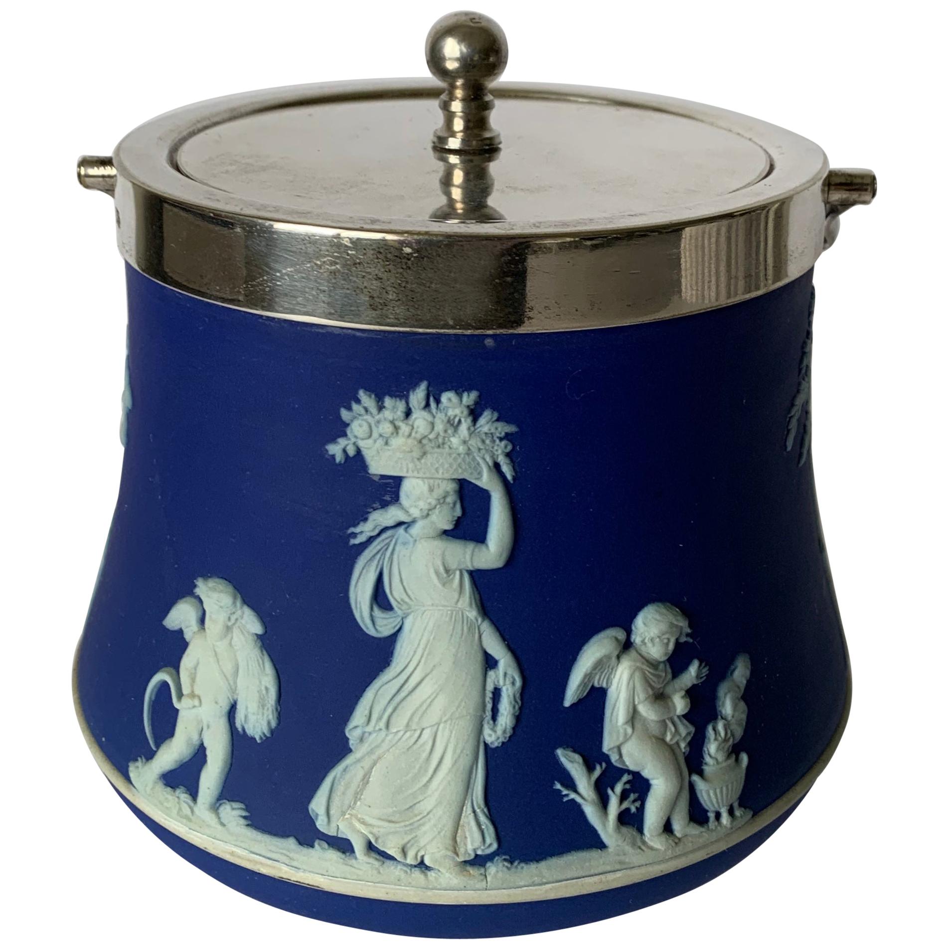 Wedgwood Dark Blue Bell Shaped Jasperware Biscuit Barrel For Sale