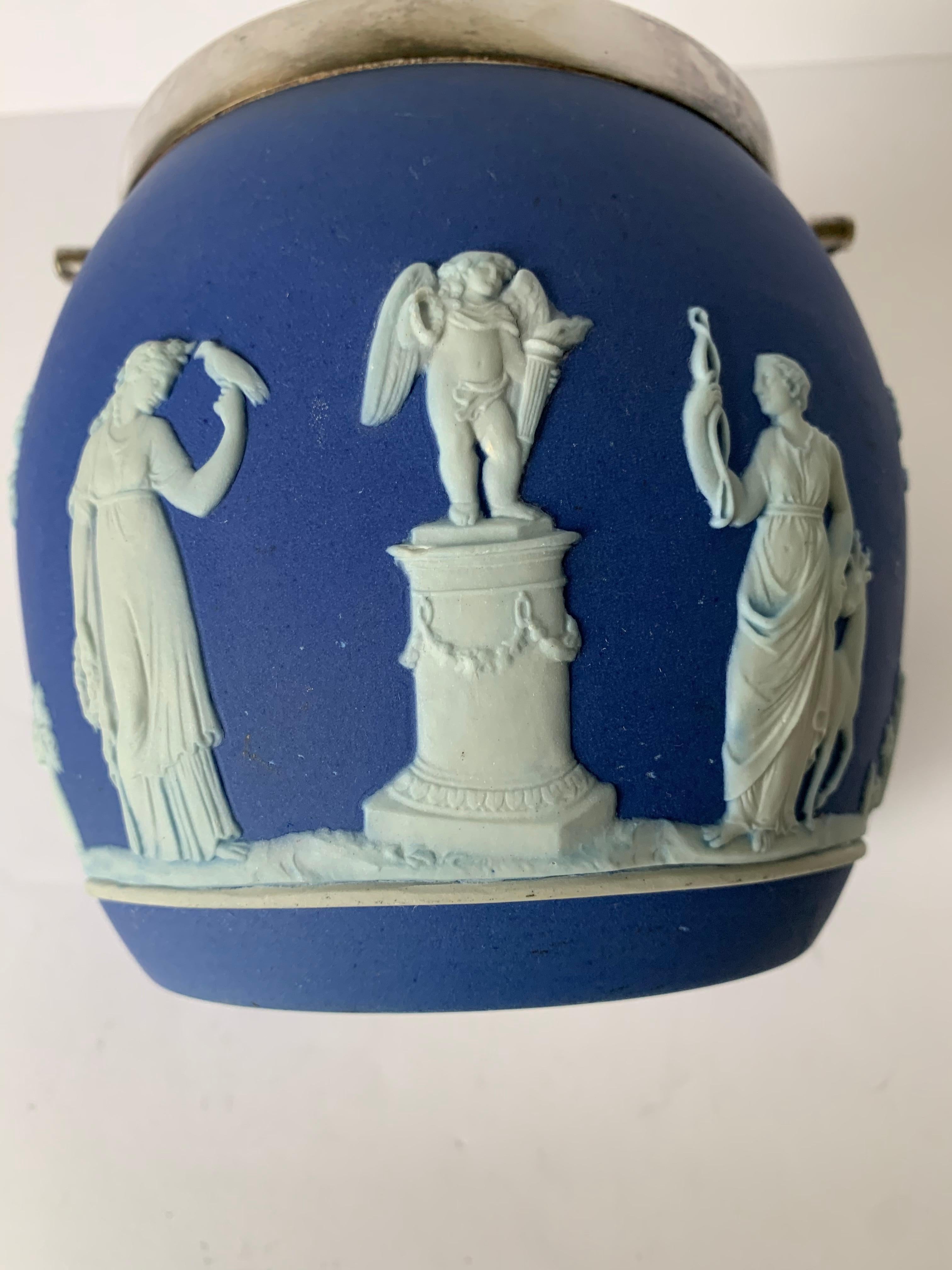 Silver Plate Wedgwood Dark Blue Jasperware Biscuit Barrel