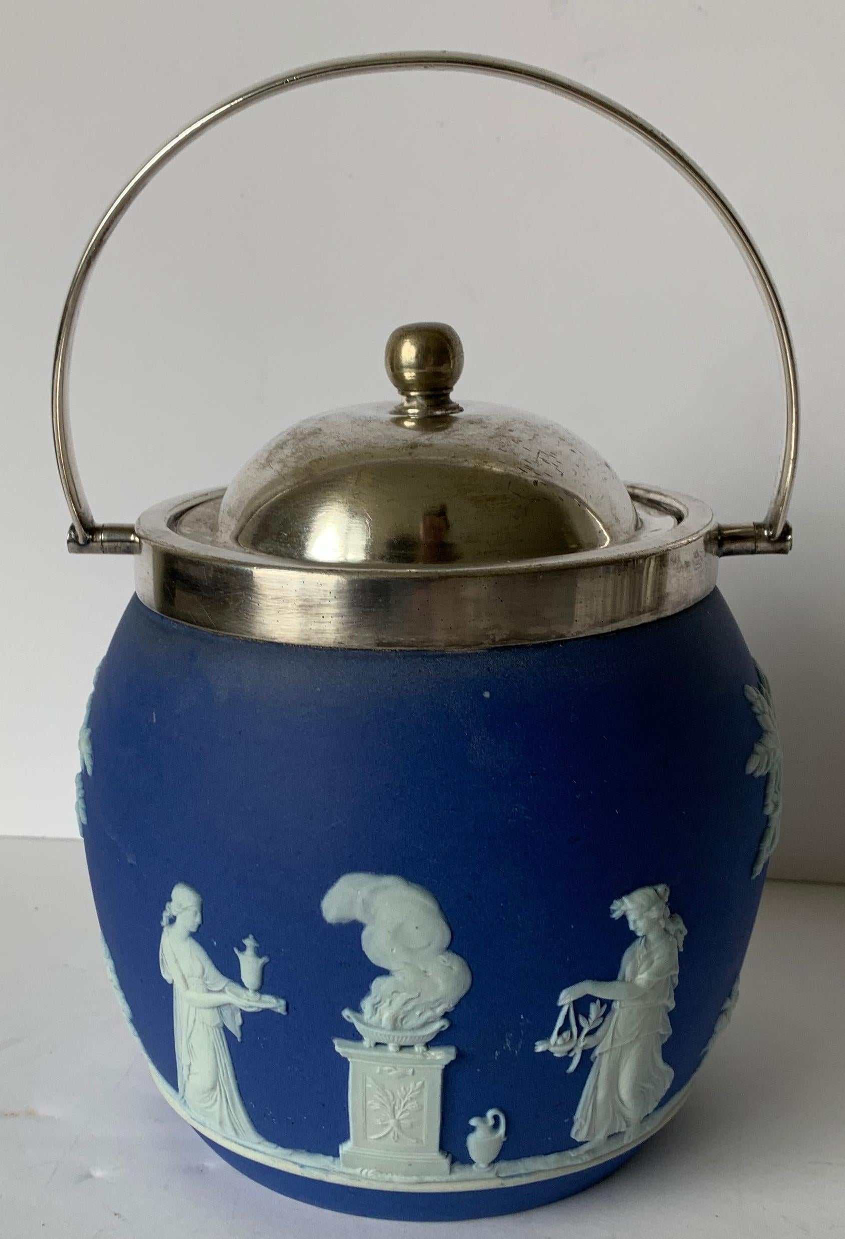 Neoclassical Wedgwood Dark Blue Jasperware Biscuit Barrel