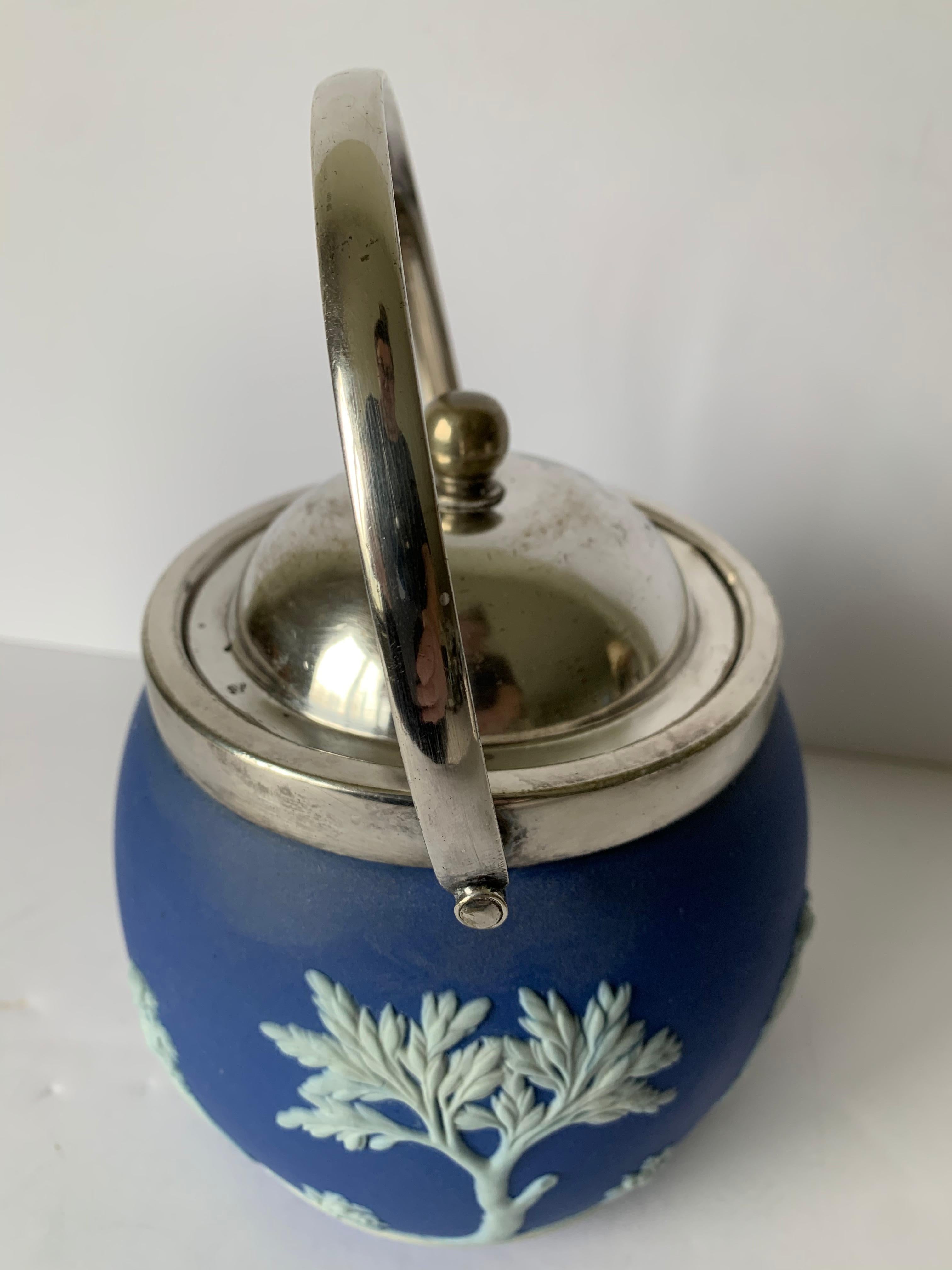 English Wedgwood Dark Blue Jasperware Biscuit Barrel