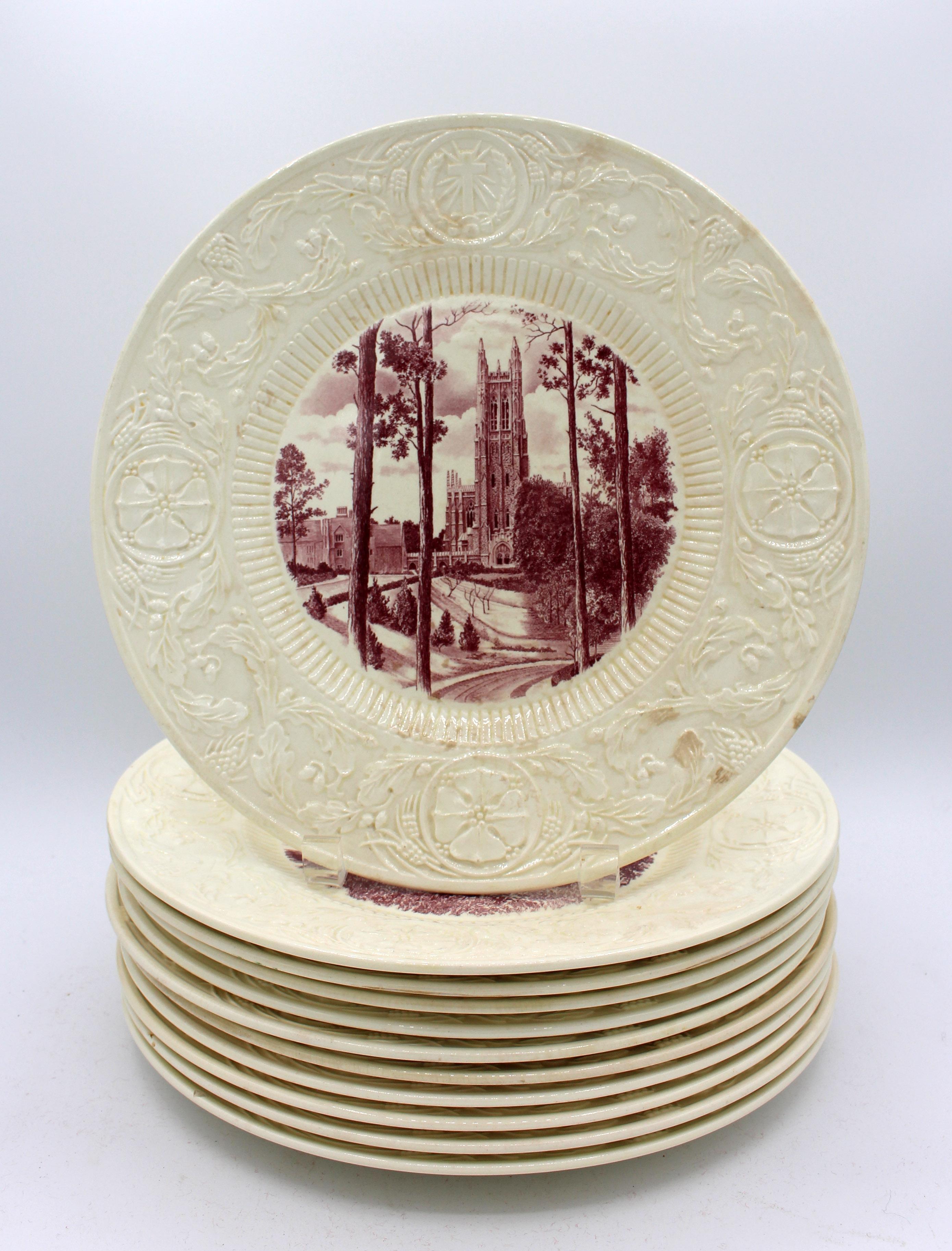 A set of 11 Duke University plates made by Wedgwood under the auspices of Jones, McDuffee & Stratton in 1937. Extremely rare 1st edition plates from an edition of 300 sets. Each carries the signature of William Preston Few, the first president of