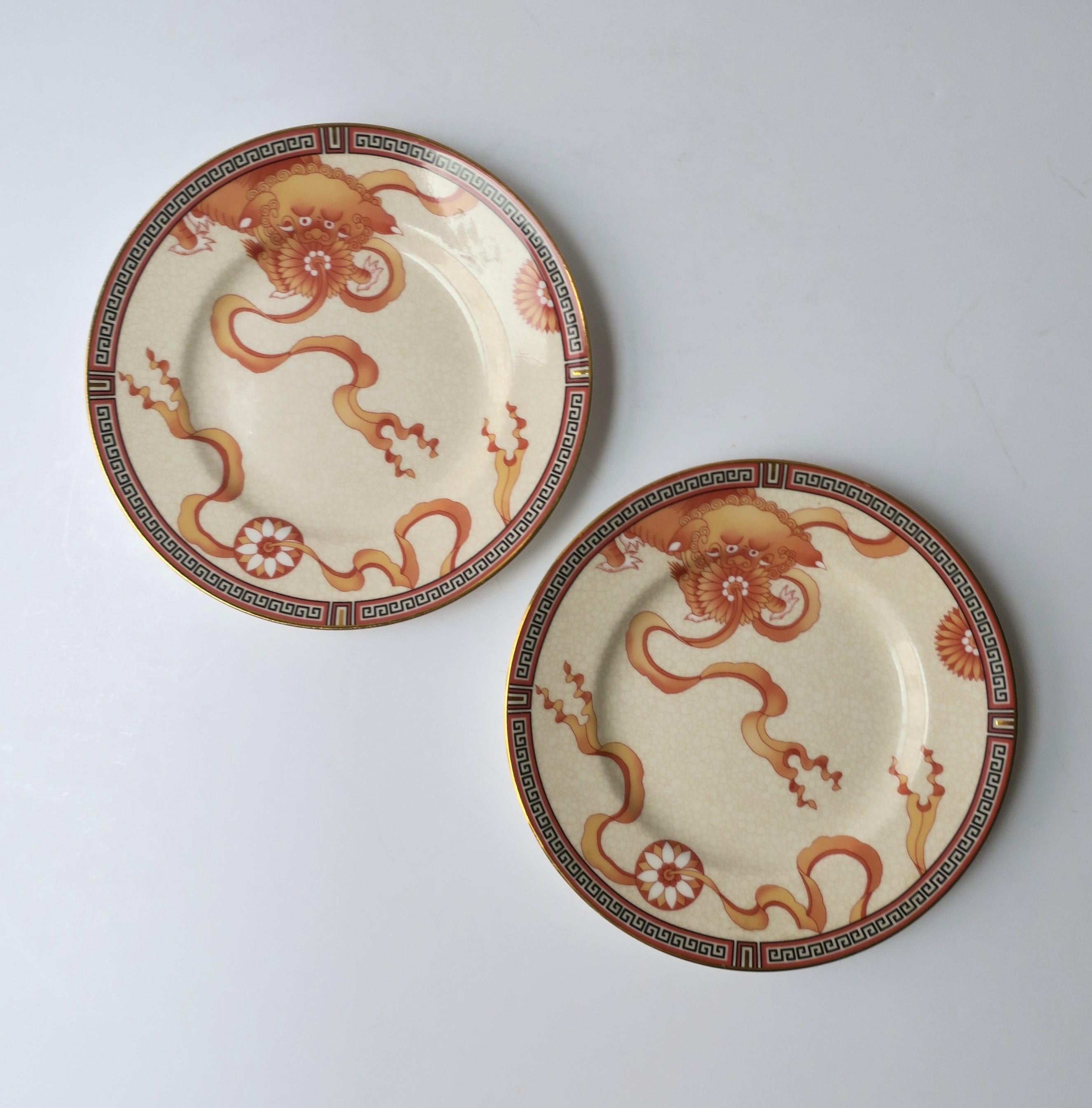 A rare set of two (2) Wedgwood Dynasty collection porcelain bread plates, circa late-20th century, England. A beautiful set of Wedgwood 'Dynasty' collection porcelain bread plates, or small appetizer plates, with black Greek-Key design around edge