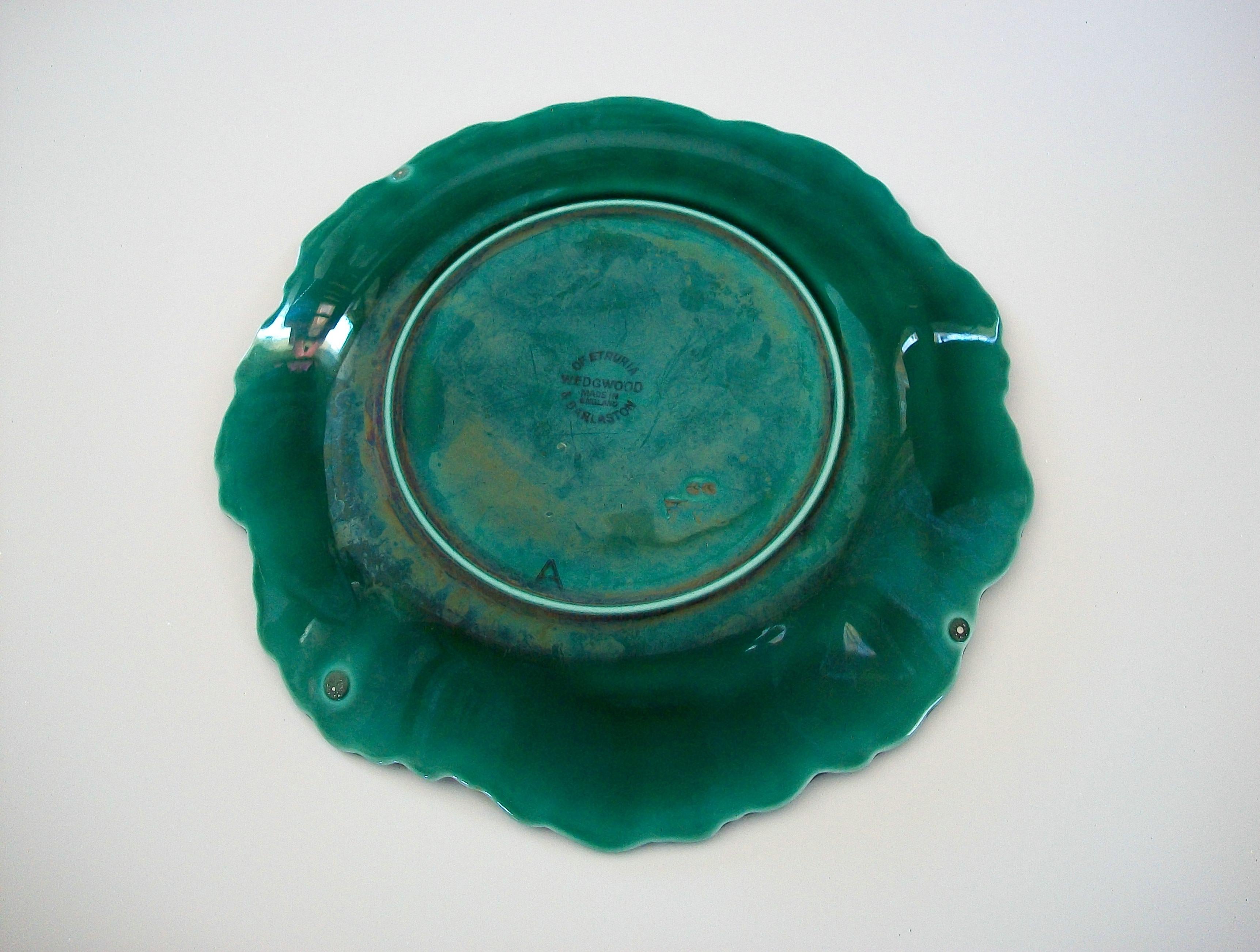 British Wedgwood, Embossed Ceramic Green Iridescent Leaf Plate, U.K., Circa 1950's