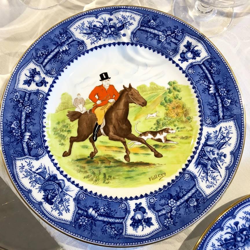 Wedgwood Enameled Hunt Plates, Set of 18 In Excellent Condition In Great Barrington, MA