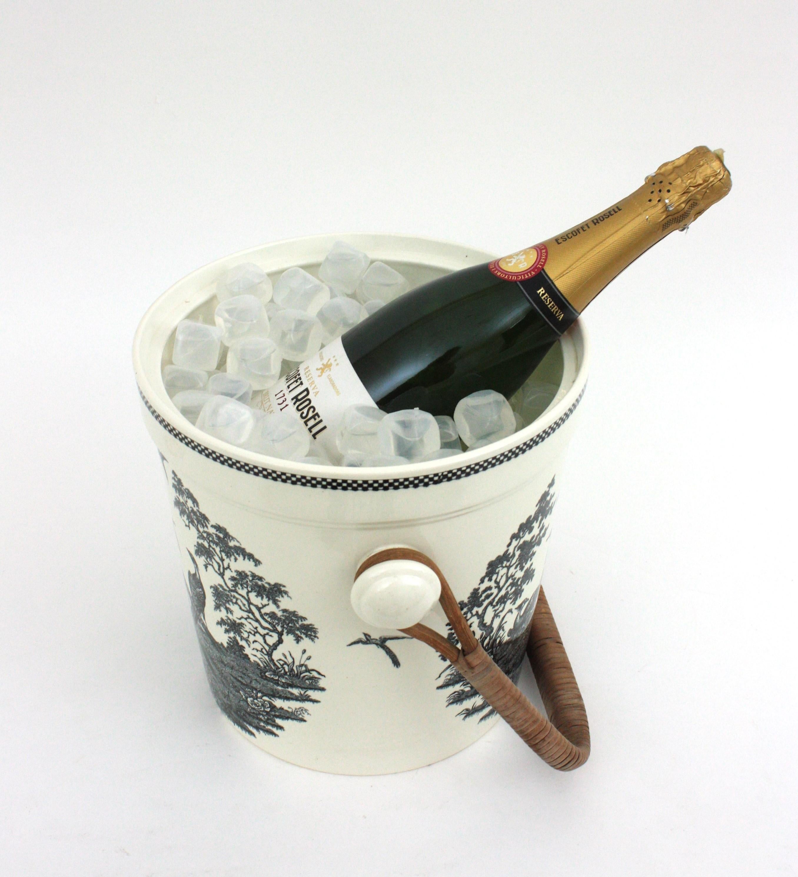 Wedgwood England Champagne Wine Cooler Slops Bucket in Porcelain & Cane Handle For Sale 3