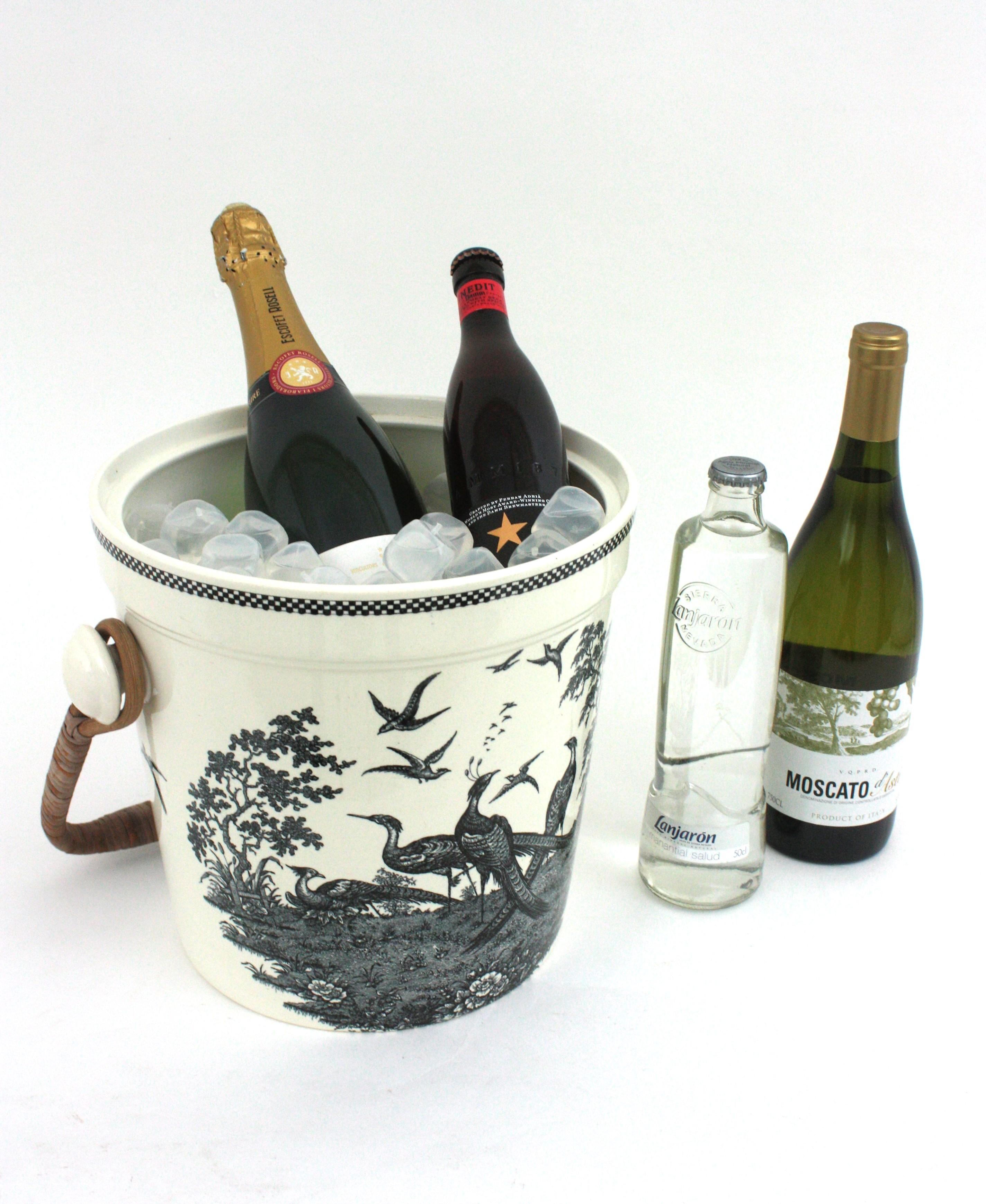 Spanish Wedgwood England Champagne Wine Cooler Slops Bucket in Porcelain & Cane Handle For Sale