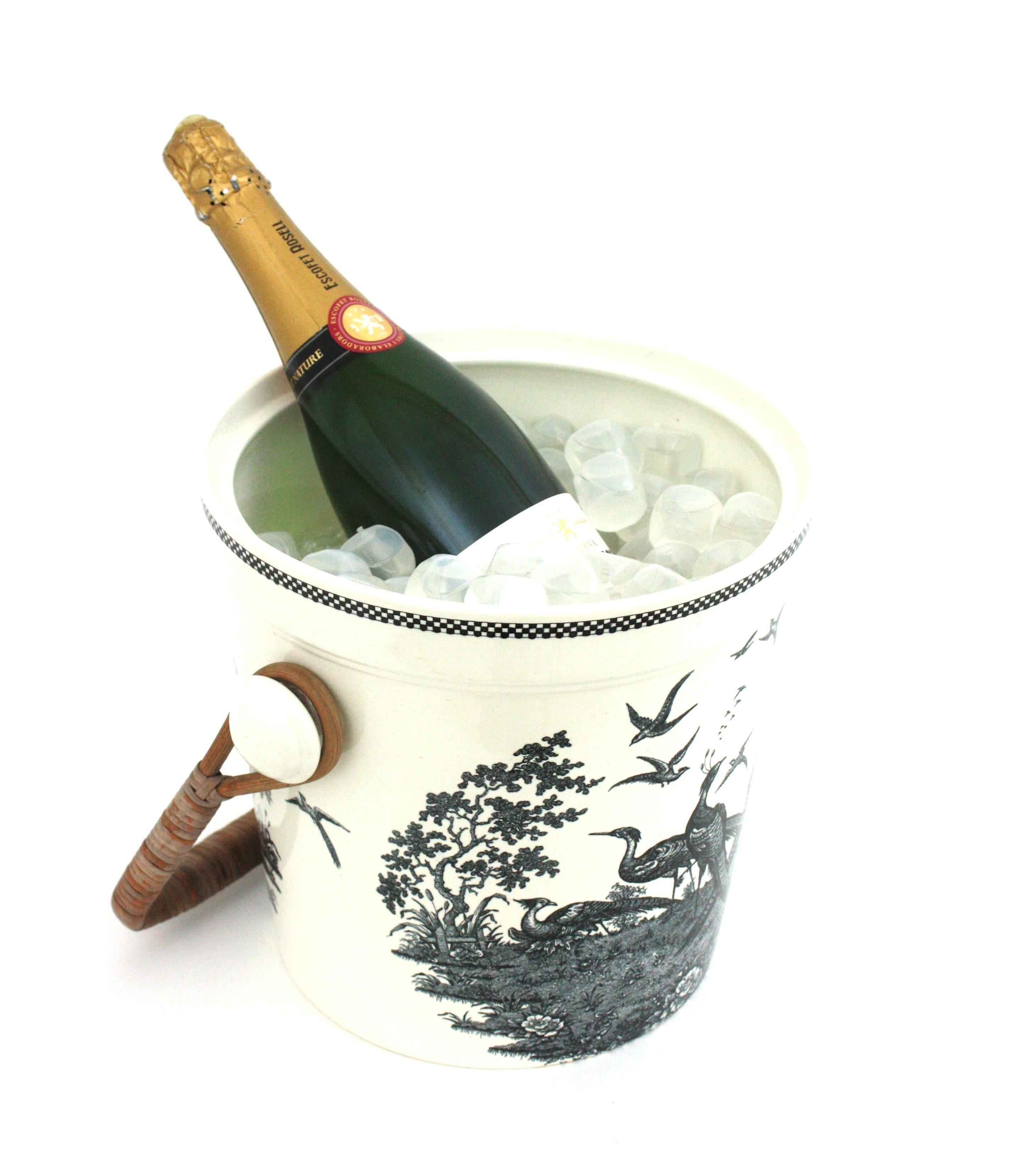 Rattan Wedgwood England Champagne Wine Cooler Slops Bucket in Porcelain & Cane Handle For Sale