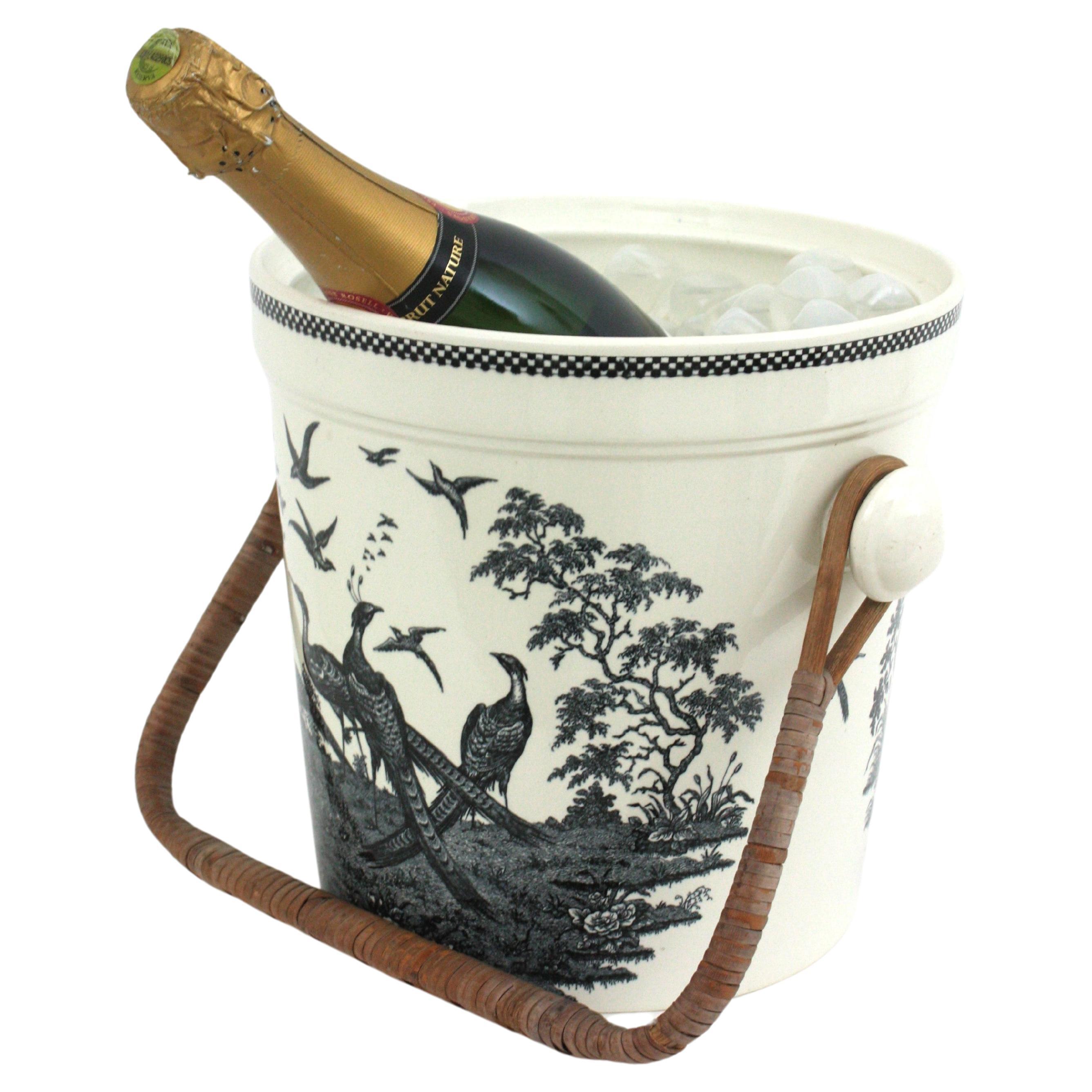 Wedgwood England Champagne Wine Cooler Slops Bucket in Porcelain & Cane Handle For Sale