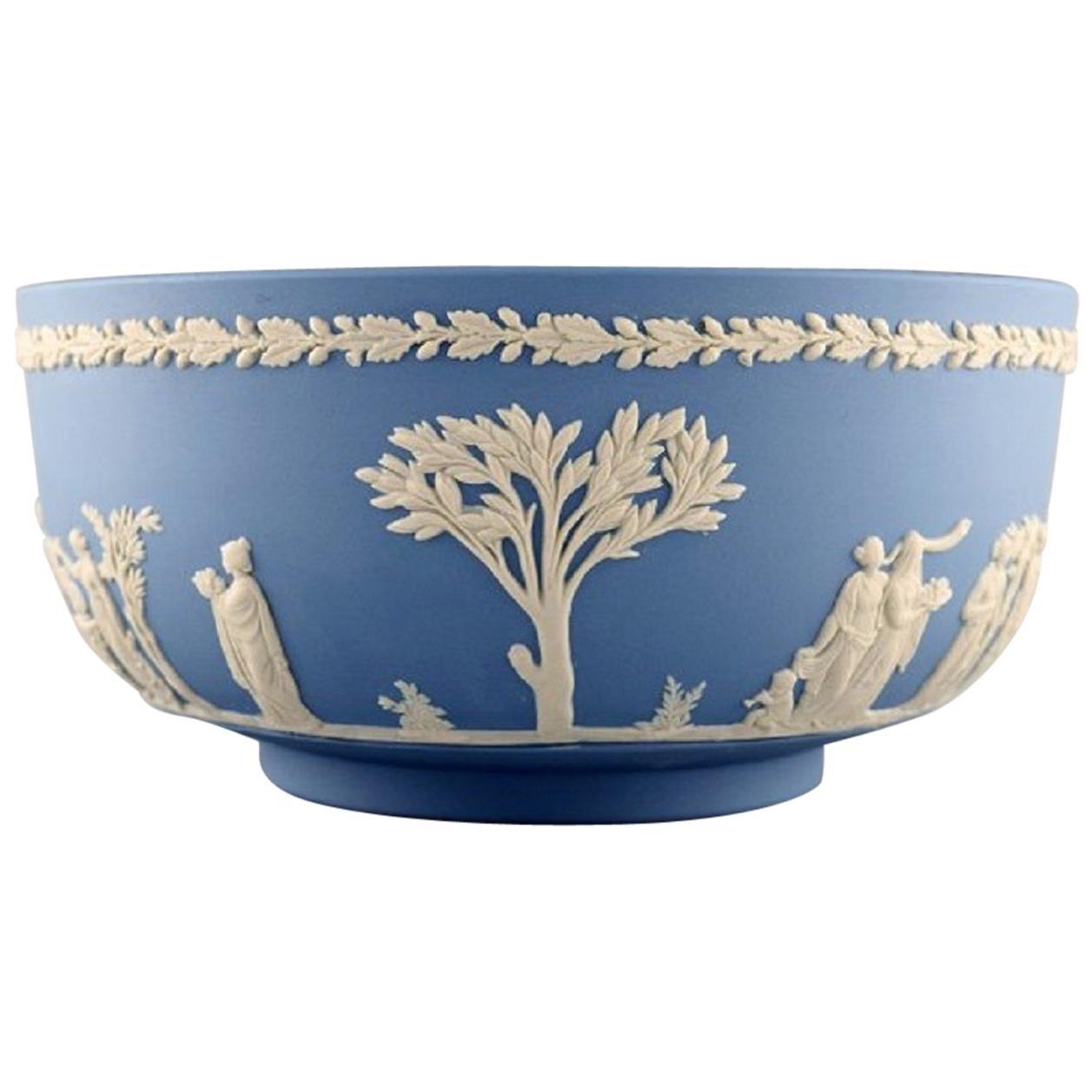 Wedgwood, England, Large Bowl in Light Blue Stoneware with Classicist Scenes