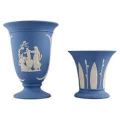 Wedgwood, England, Two Vases in Light Blue Stoneware with Classicist Scenes