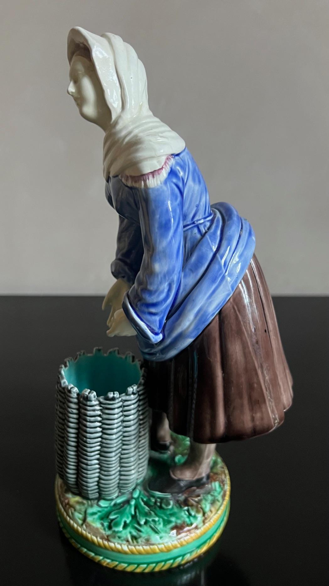 Hand-Painted Wedgwood English Majolica Fisherwoman Match / Toothpick Holder, C. 1873 For Sale