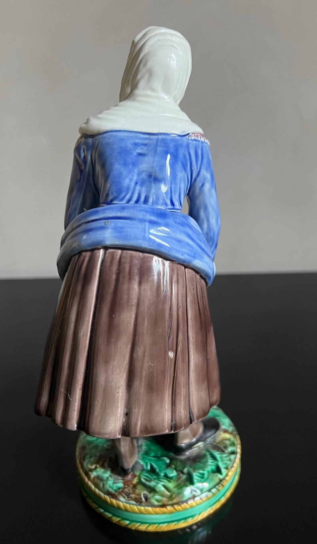 Wedgwood English Majolica Fisherwoman Match / Toothpick Holder, C. 1873 In Good Condition For Sale In Ross, CA