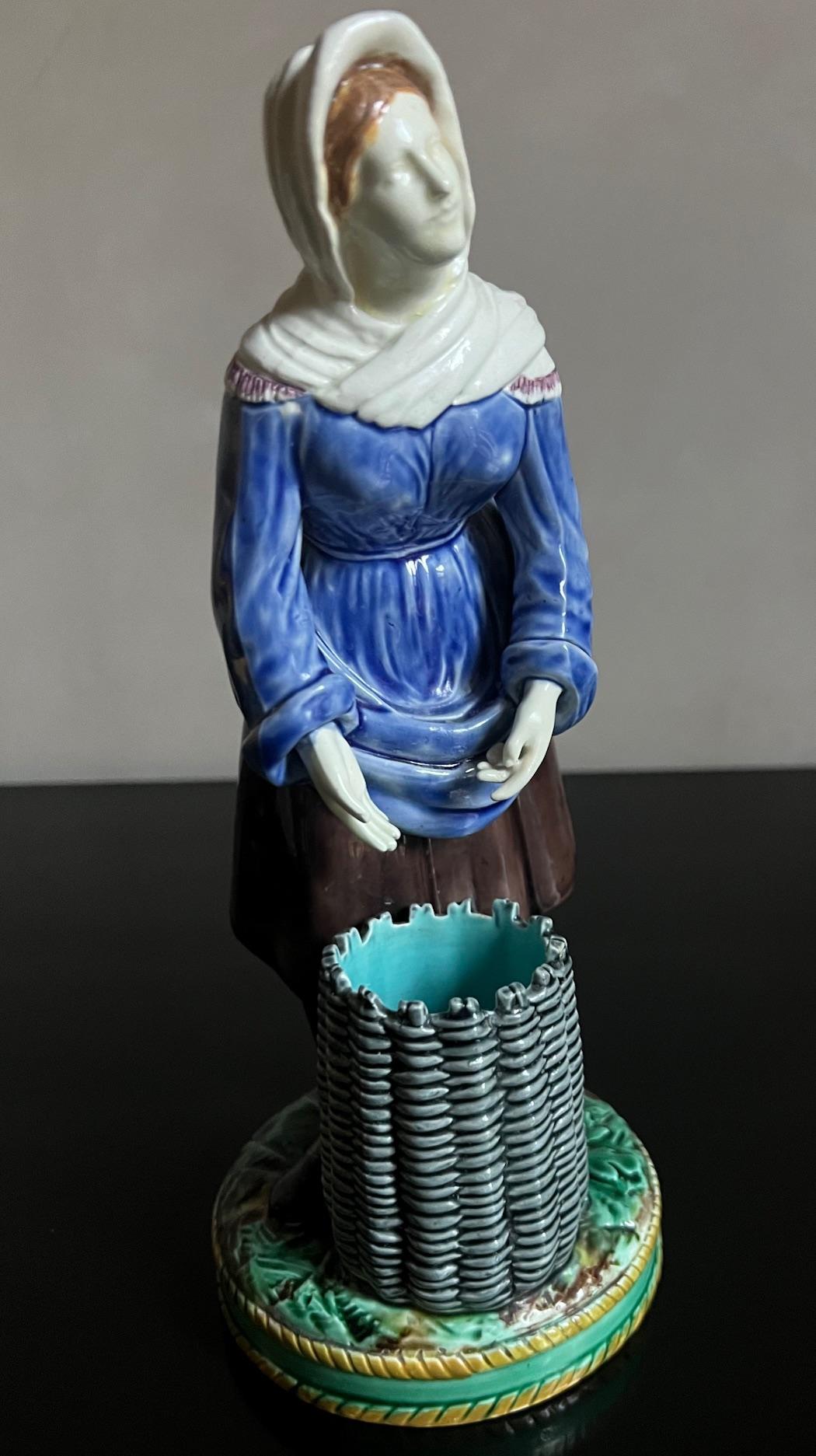 Ceramic Wedgwood English Majolica Fisherwoman Match / Toothpick Holder, C. 1873 For Sale