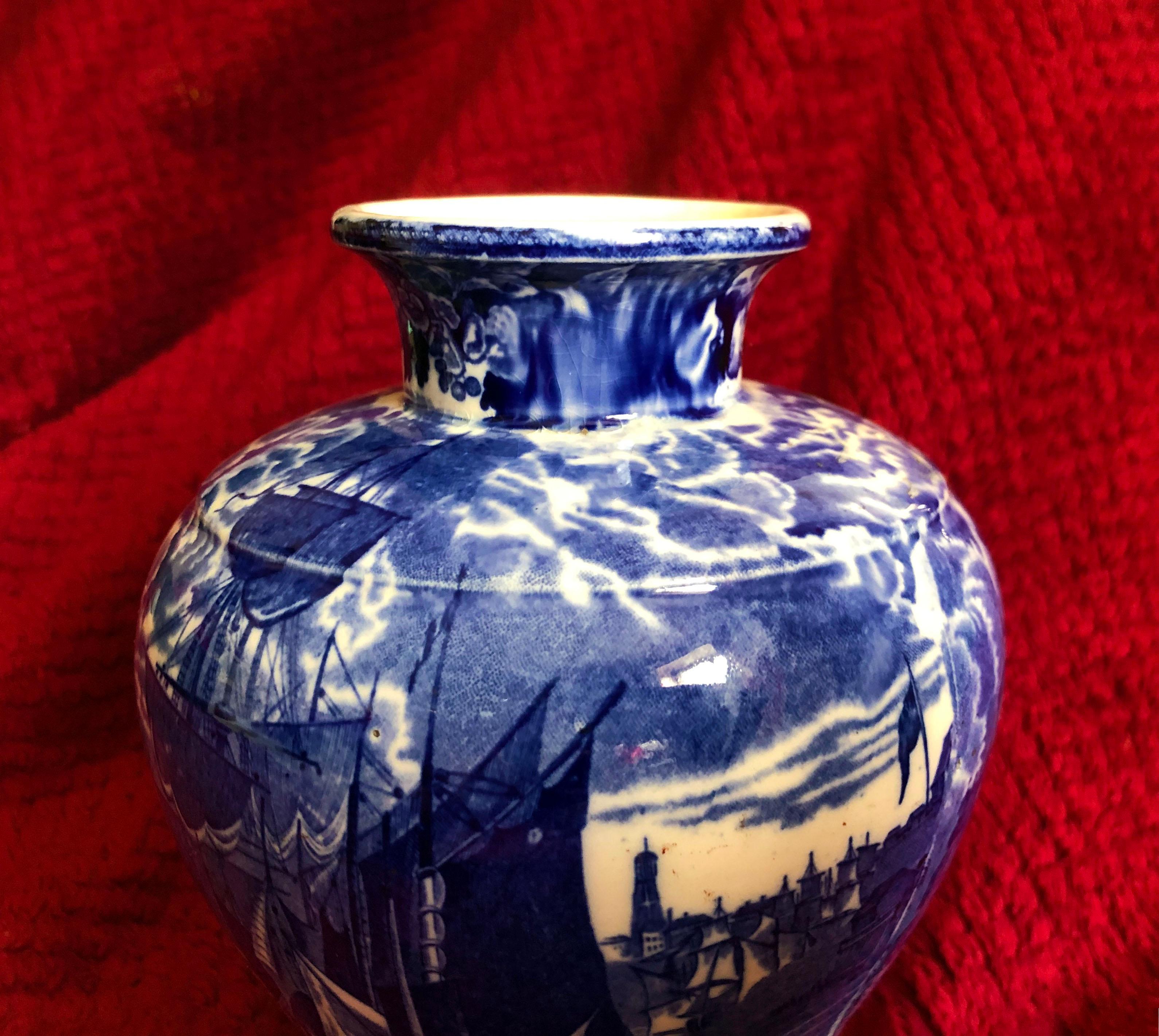 Porcelain WedgWood Etruria Ferrara  Blue and White Lidded Vase For Sale