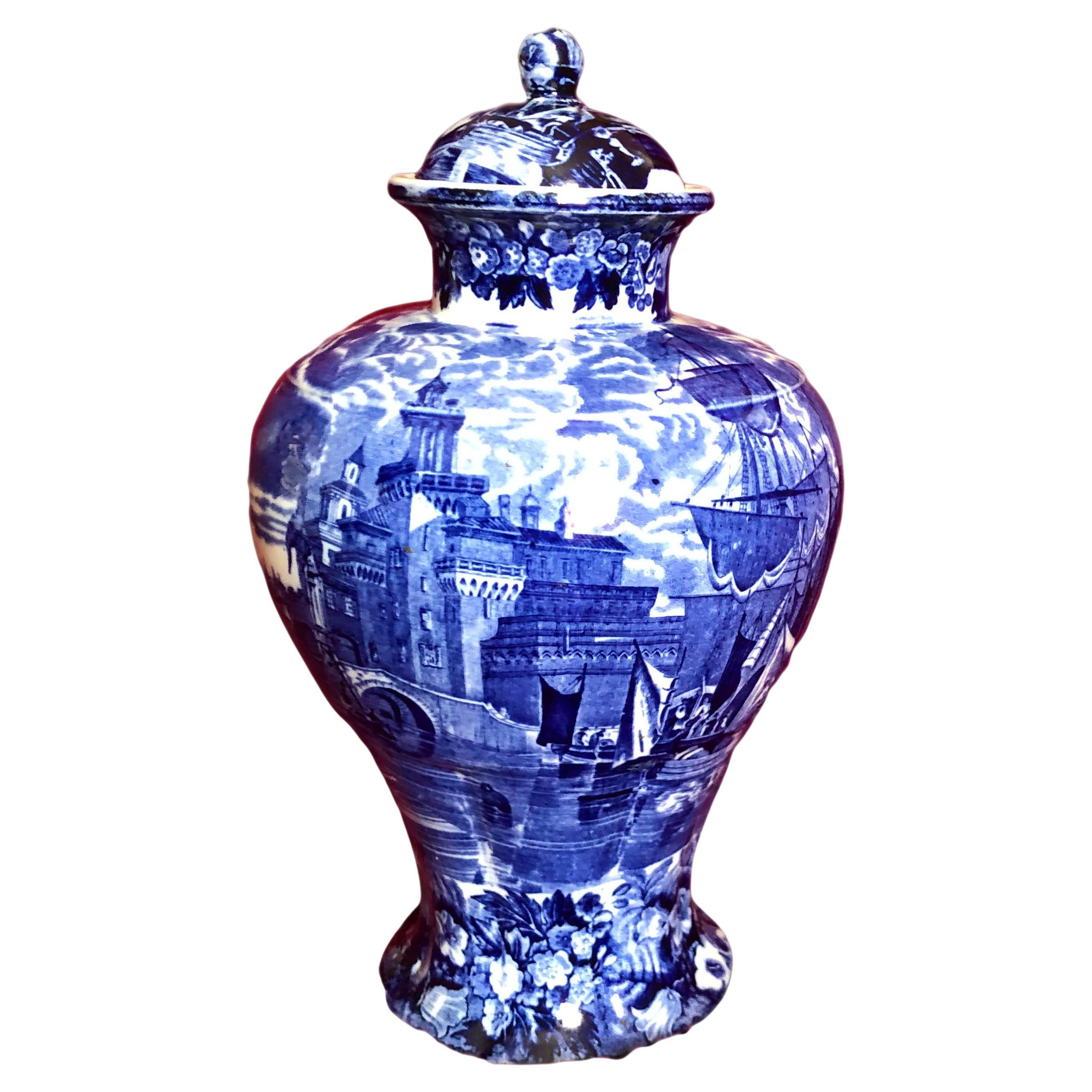 WedgWood Etruria Ferrara  Blue and White Lidded Vase For Sale