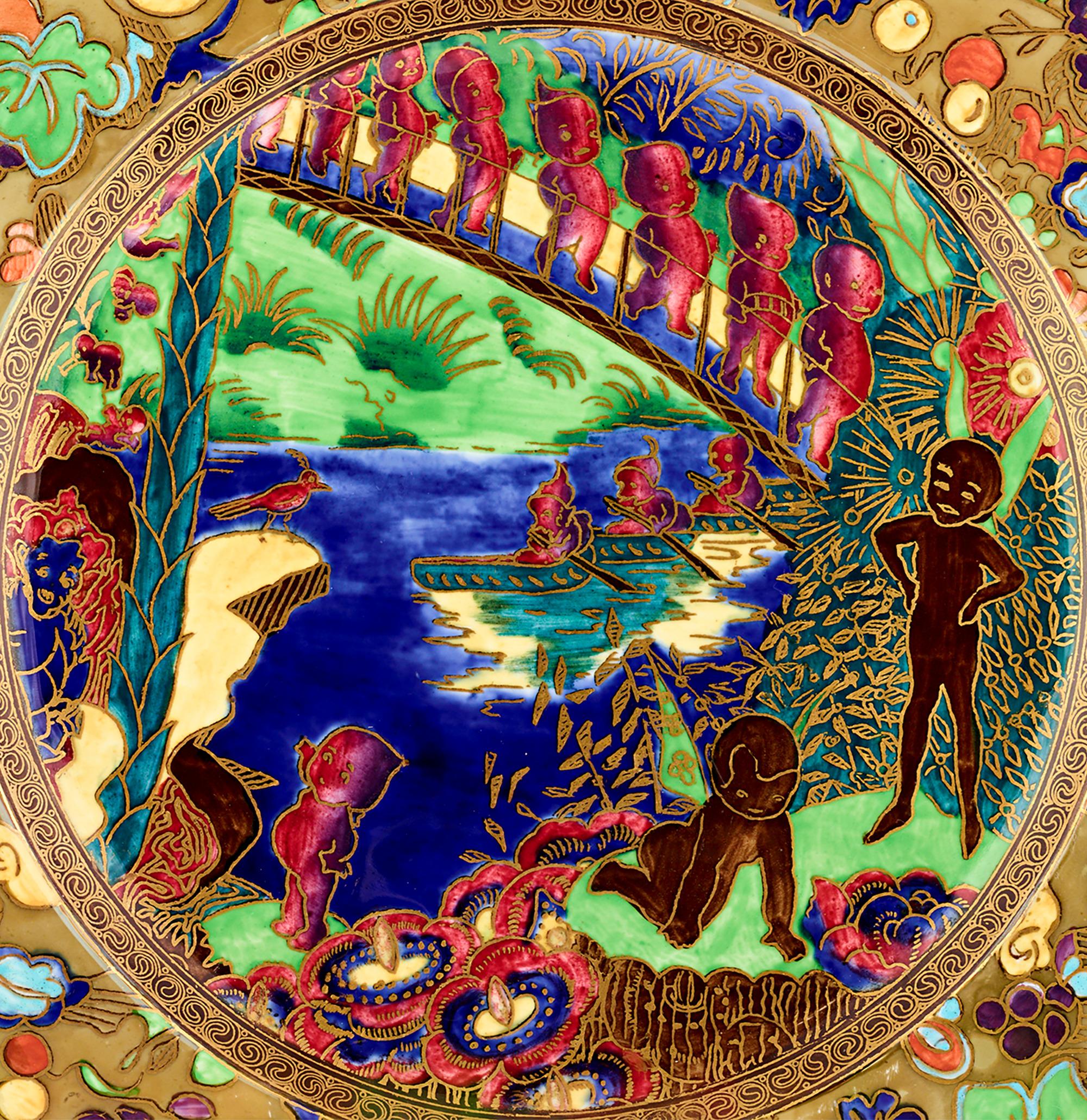 Fairyland Lustre Plate
Wedgwood
Circa 1925

An enchanting scene rendered in brightly hued enamel adorns this captivating porcelain plate by Wedgwood. The Imps on a Bridge and Treehouse motif, part of the famed Fairyland Lustre series, features